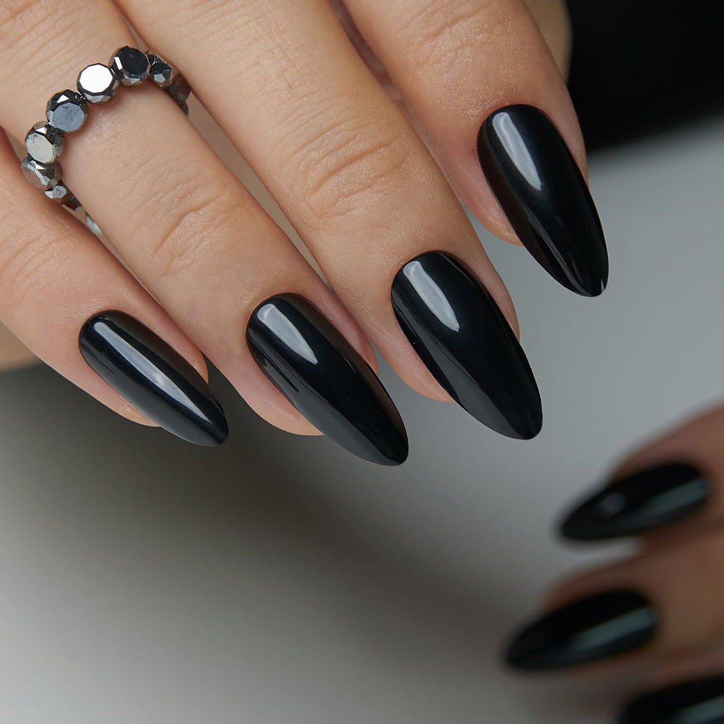 CurvLife Black Press On Nails Long Almond | Soft Gel, Salon-Quality False Nails