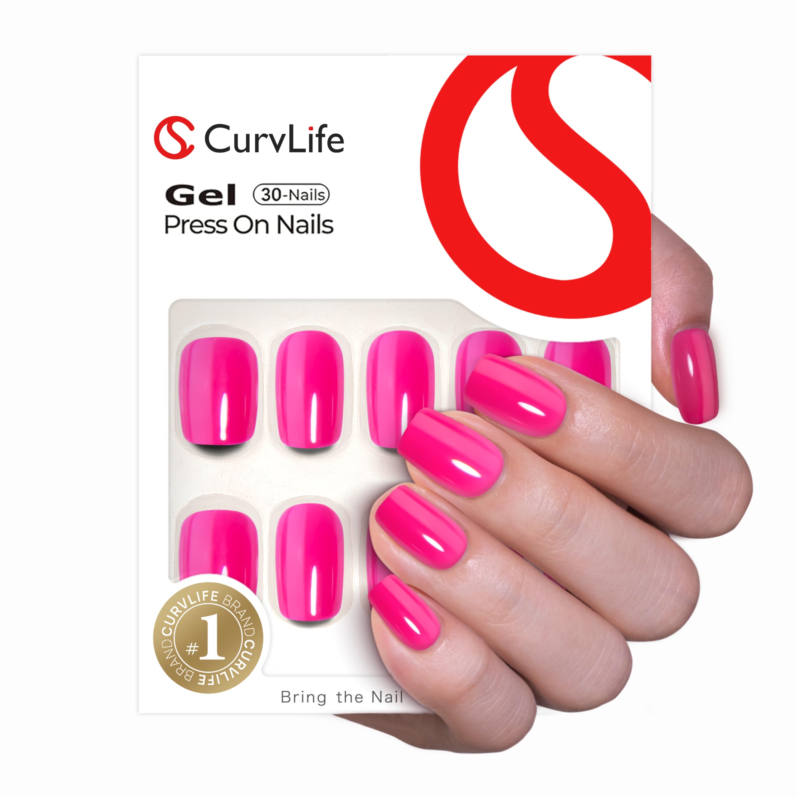 Curvlife Soft Gel Press-On Nails – Bright Pink Full Cover Kit with Glue & Tabs