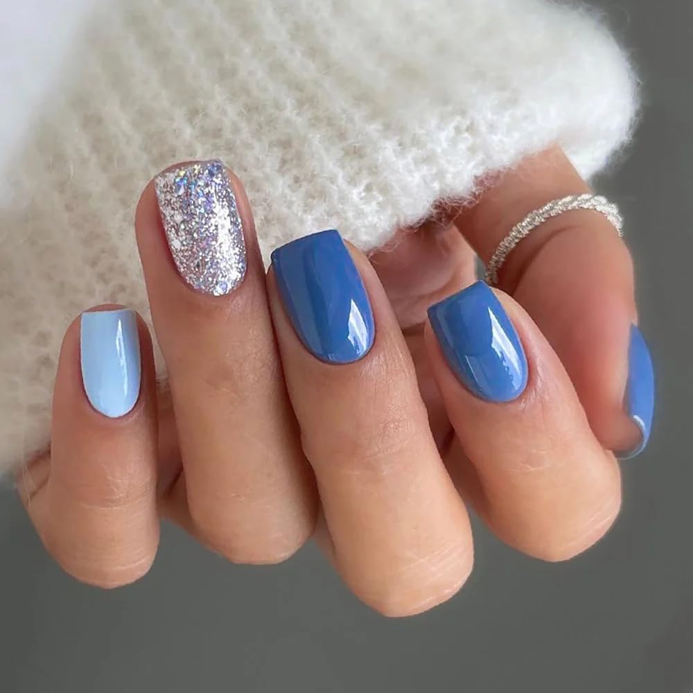 CurvLife Soft Gel Press-On Nails 30pcs – Full Cover French Tip Nail Kit with Glue, Tabs & File (Ocean Blue)