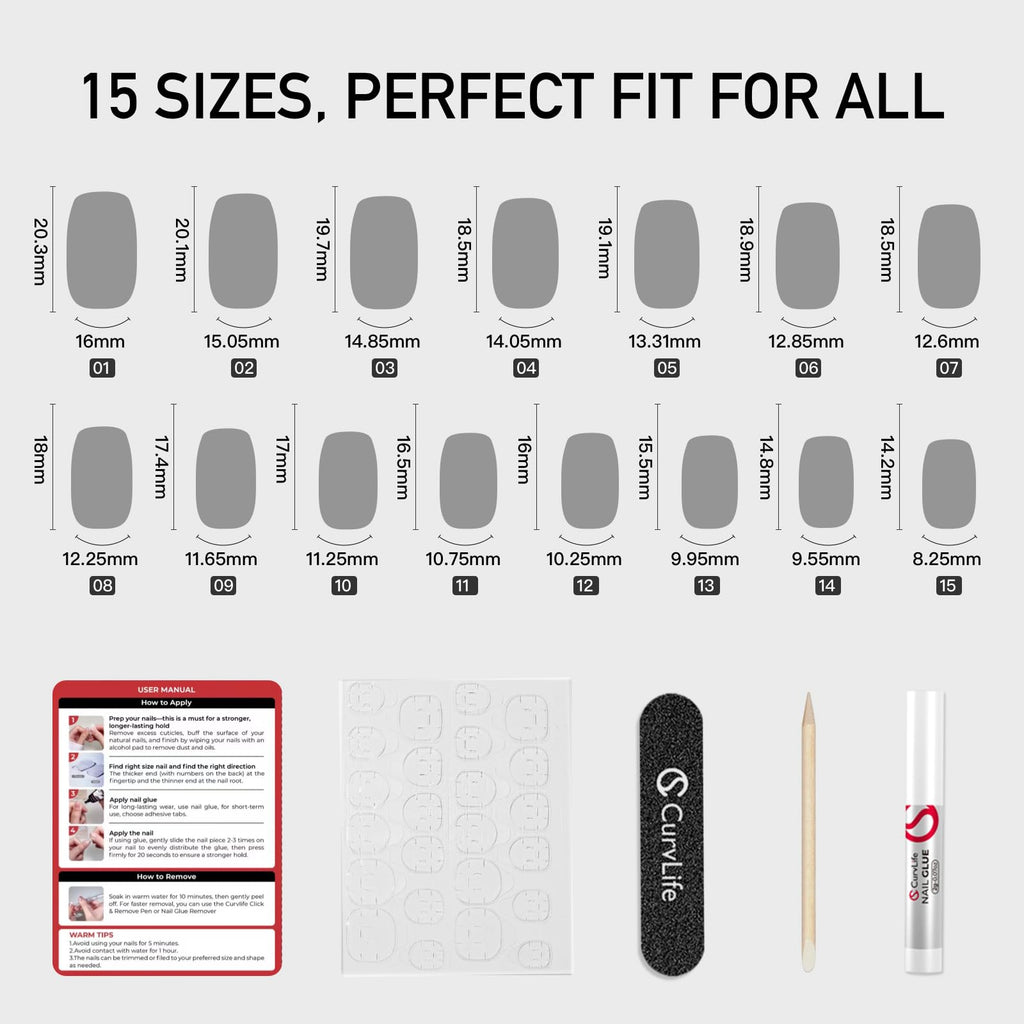 Curvlife Press-On Nails – Gel French Tip Full Cover Nail Kit in Cement Gray Gren, with Glue, Tabs & File | 30pcs