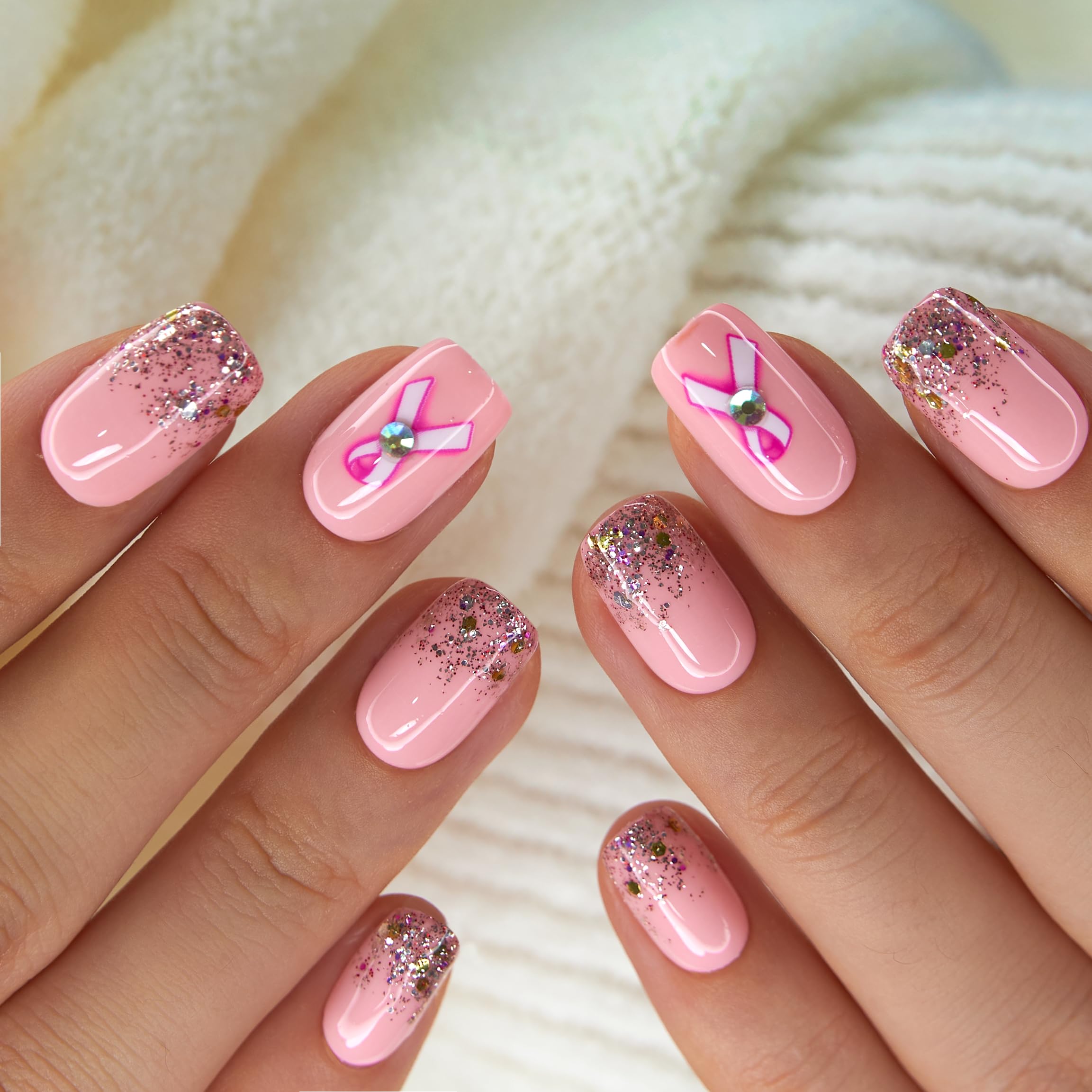Curvlife Press On Nails Medium Square Pink – Breast Cancer Ribbon Gel Nail Kit