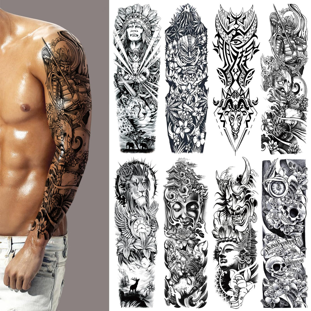 CUTELIILI Halloween Black Full Arm Temporary Tattoo – 8 Sheets, Real-Look Sleeve for Men