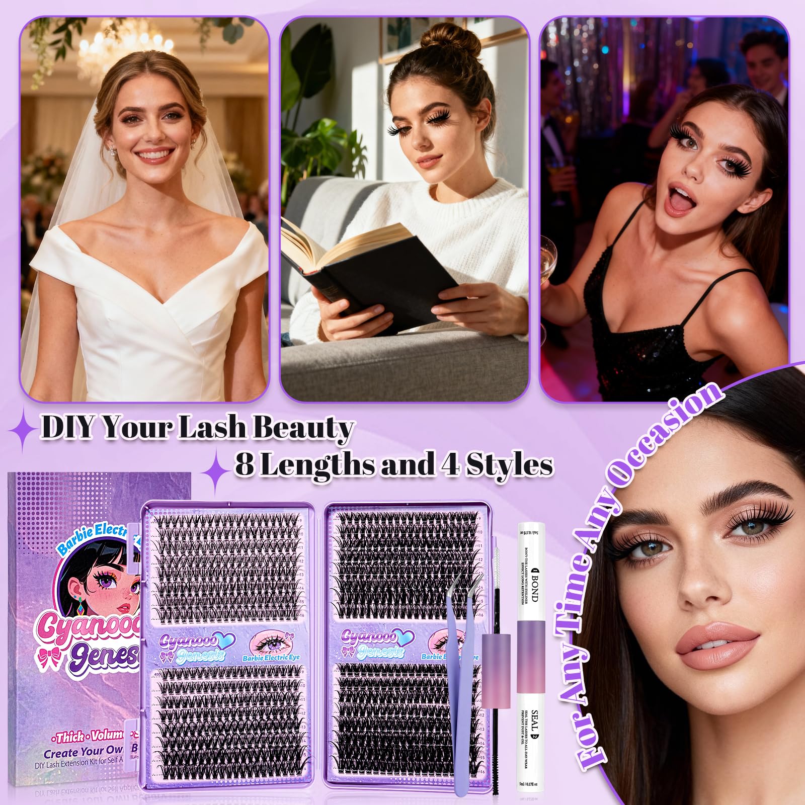 CyanoooGenesis Lash Clusters Kit — 640pcs DIY Eyelash Extensions with Bond & Seal, Tweezers | 30D-60D, 9-16mm
