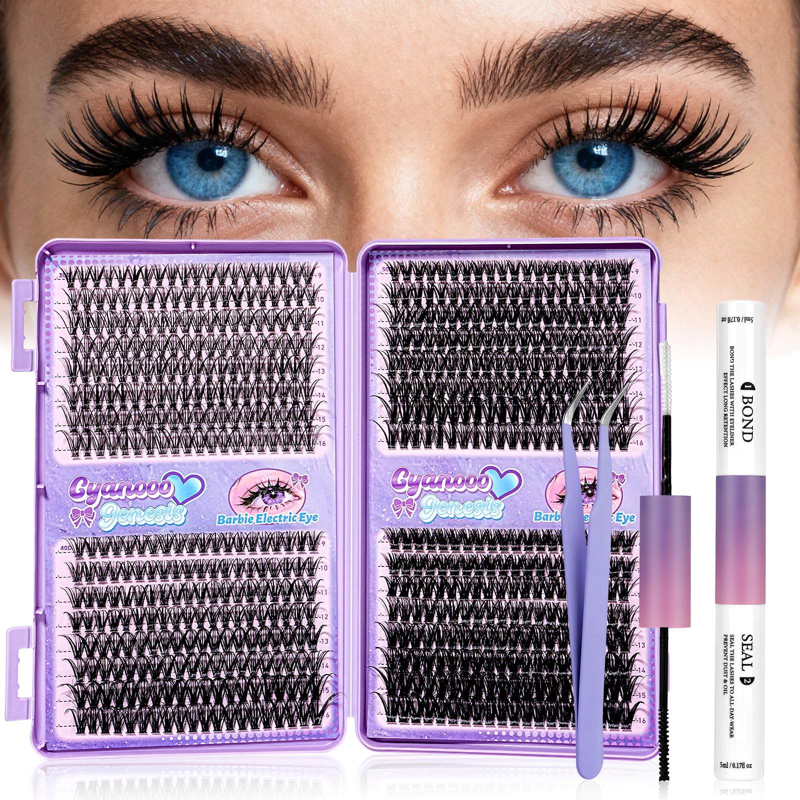 CyanoooGenesis Lash Clusters Kit — 640pcs DIY Eyelash Extensions with Bond & Seal, Tweezers | 30D-60D, 9-16mm