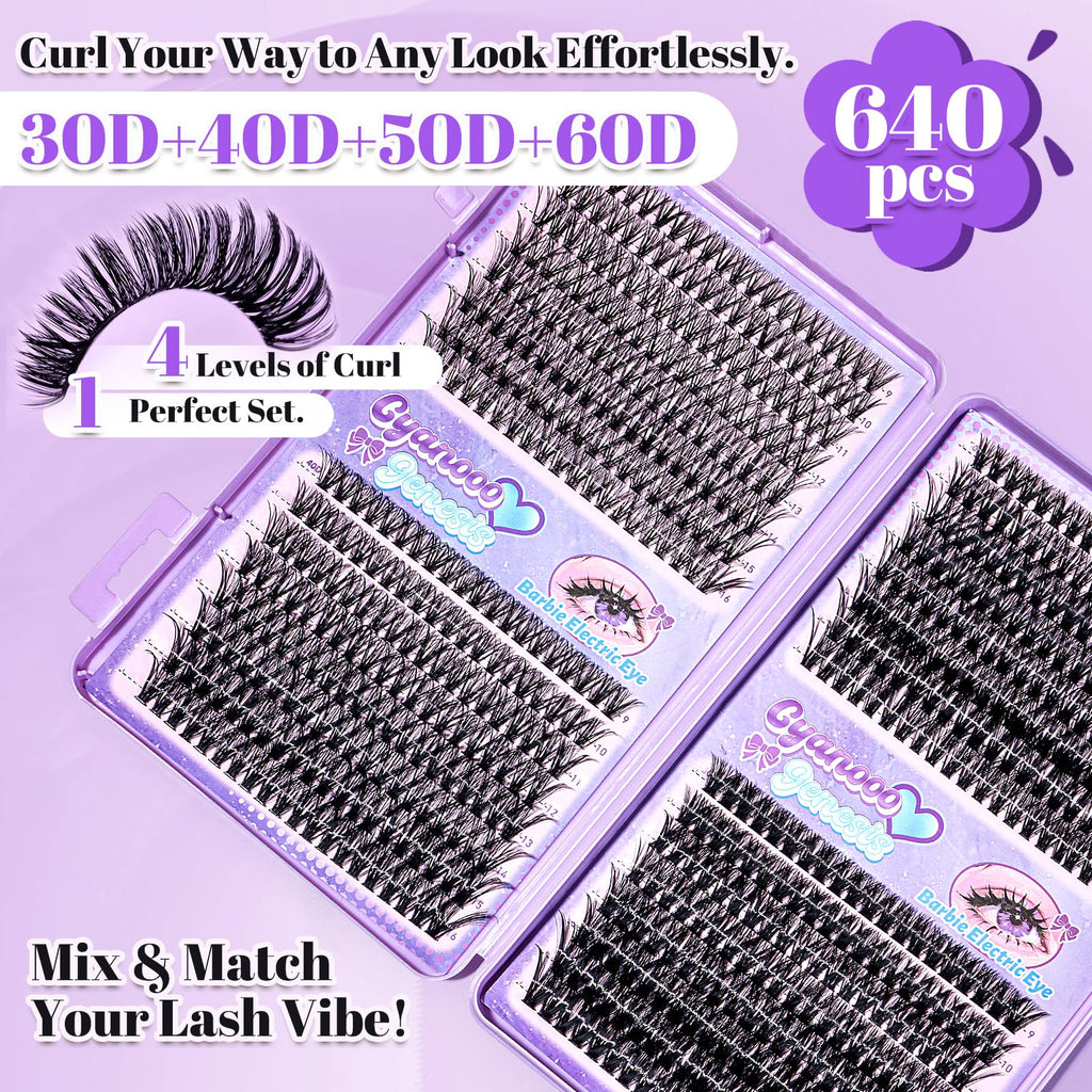 CyanoooGenesis Lash Clusters Kit — 640pcs DIY Eyelash Extensions with Bond & Seal, Tweezers | 30D-60D, 9-16mm