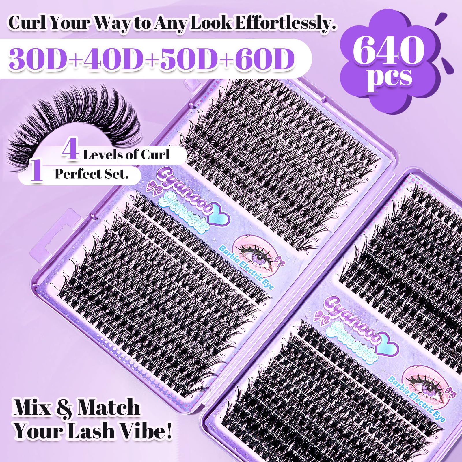 CyanoooGenesis Lash Clusters Kit — 640pcs DIY Eyelash Extensions with Bond & Seal, Tweezers | 30D-60D, 9-16mm