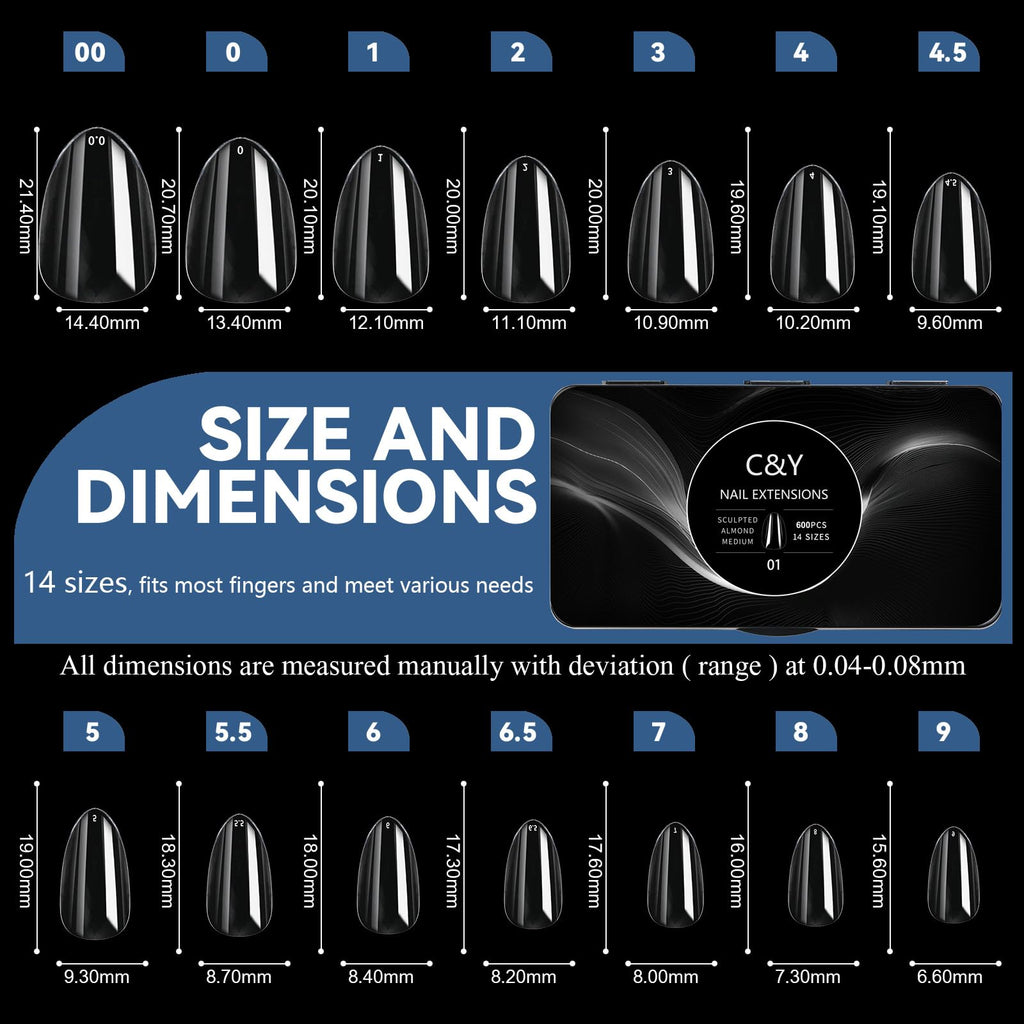Cycullinyt 600pcs Sculpted Medium Almond Soft Gel Nail Tips – Full Cover, 14 Sizes, DIY Manicure