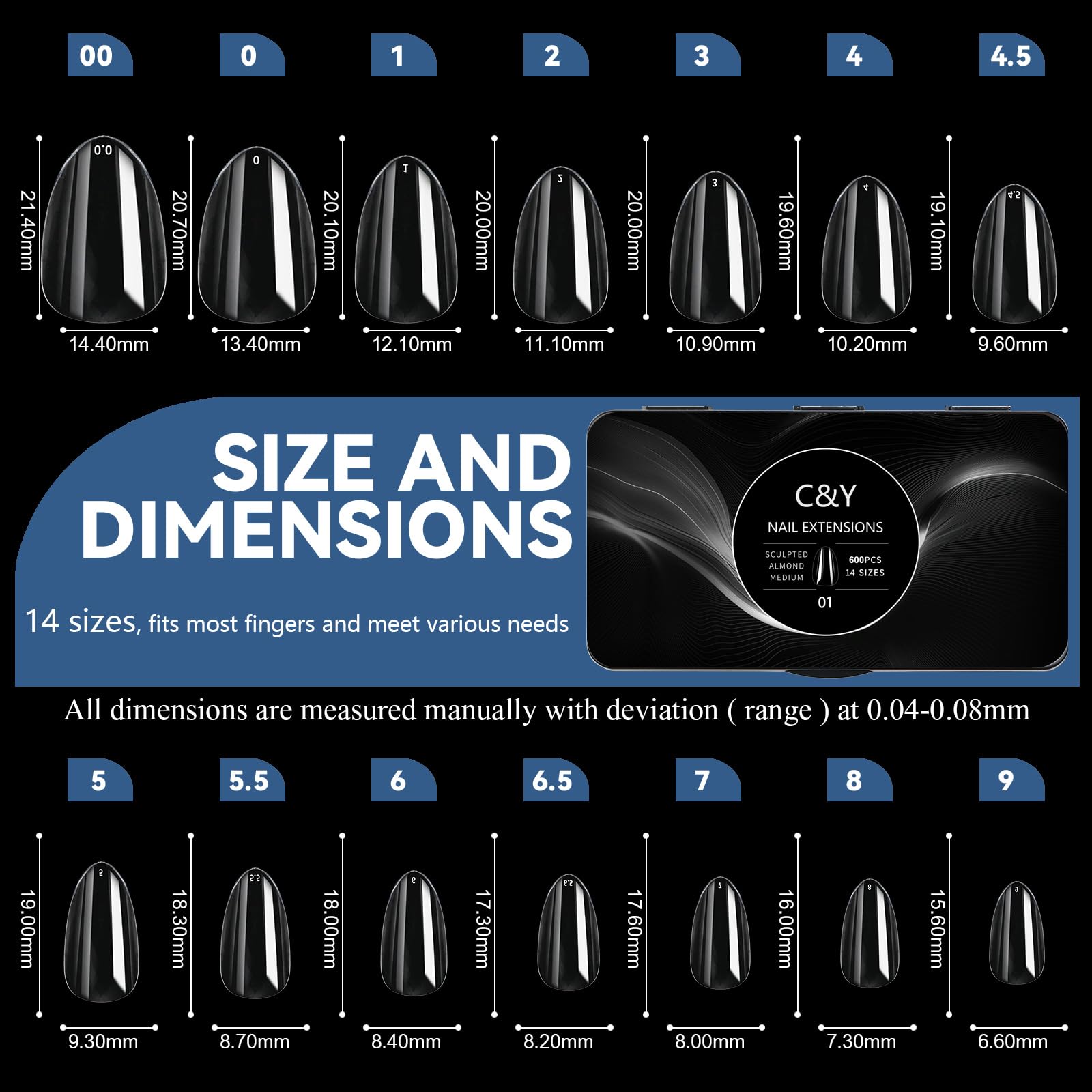 Cycullinyt 600pcs Sculpted Medium Almond Soft Gel Nail Tips – Full Cover, 14 Sizes, DIY Manicure