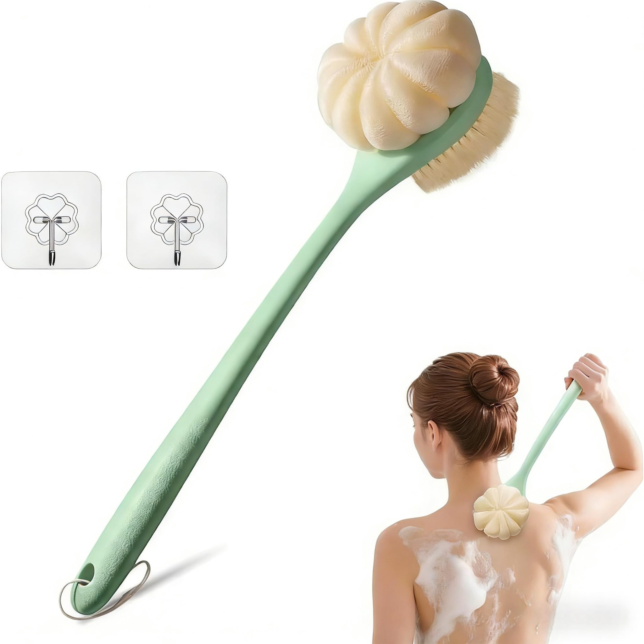 CYMPHW Back Scrubber for Shower — 15.7-inch Long-Handled Loofah Brush with Dual Bristles