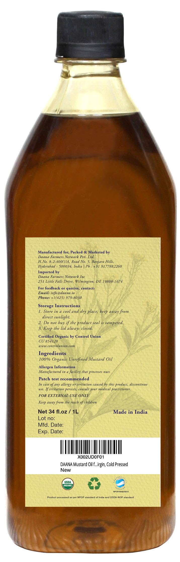 DAANA Mustard Oil for Skin — USDA Organic, Extra Virgin, Cold Pressed (34 oz)