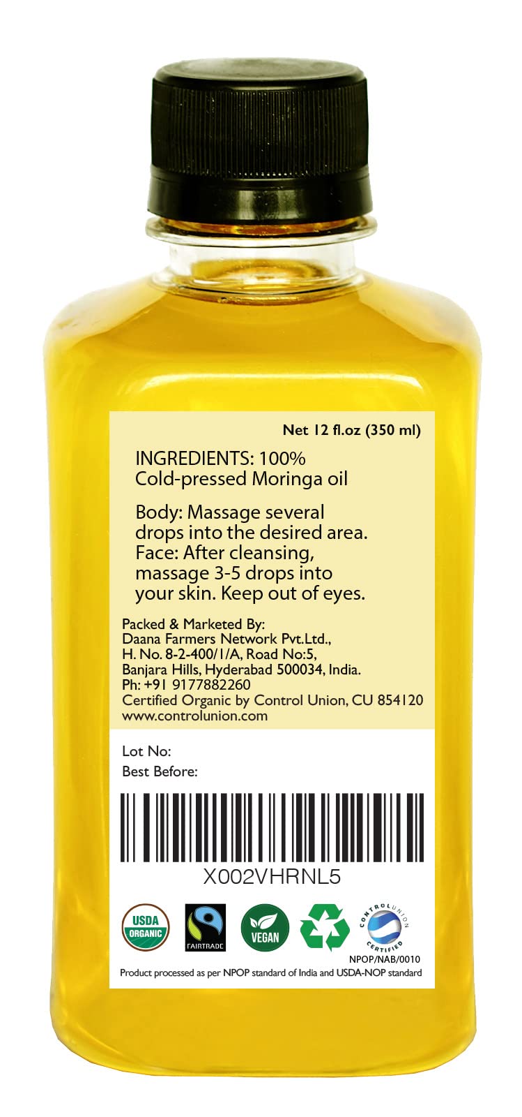 DAANA Organic Moringa Oil for Skin: Extra Virgin, Cold Pressed (12 Fl Oz)