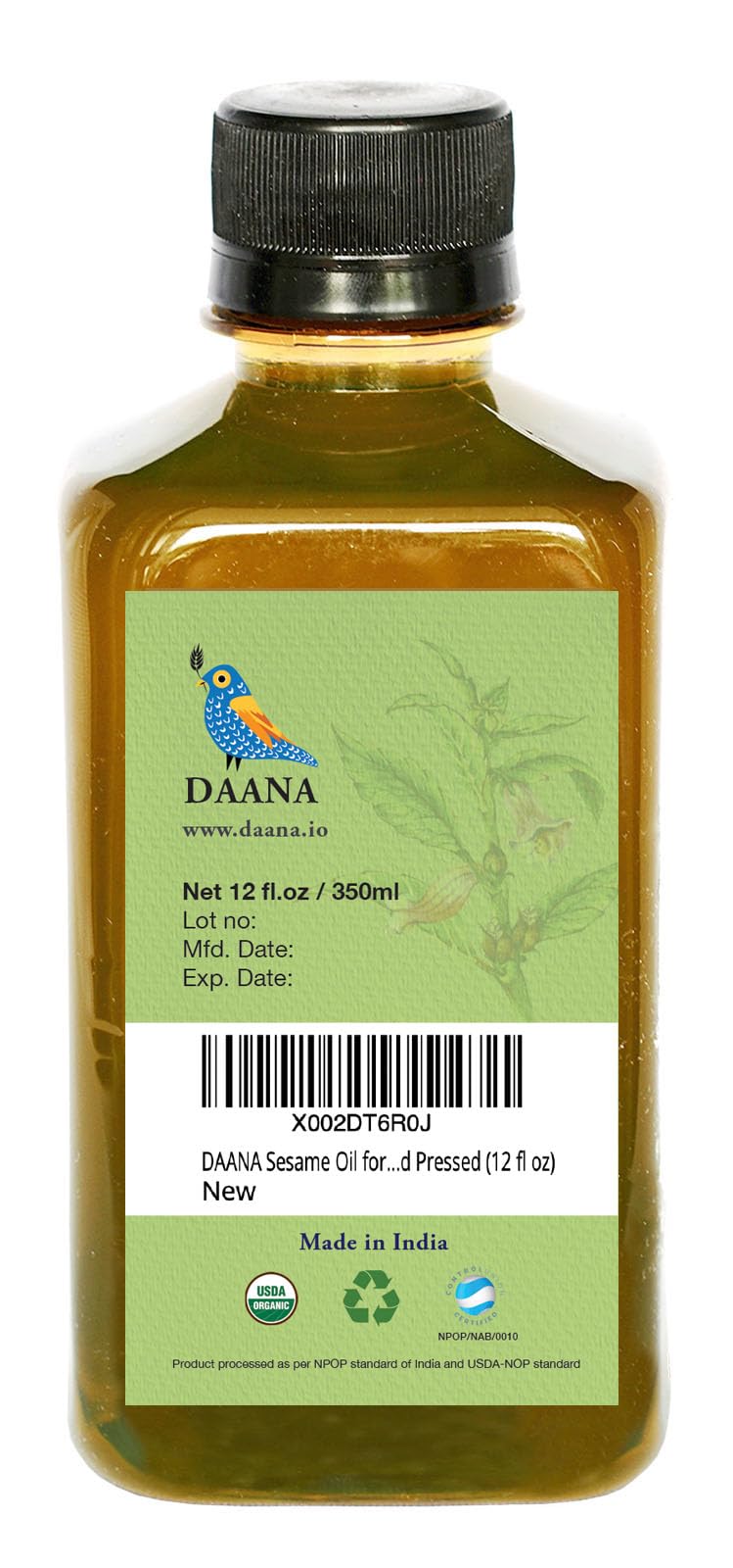 DAANA Sesame Oil for Skin – USDA Organic, Extra Virgin, Cold Pressed (12 oz)