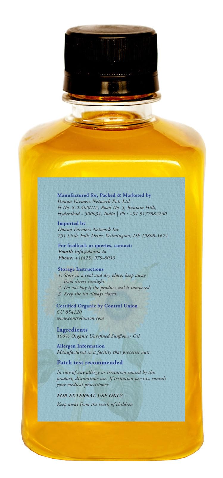 DAANA Sunflower Oil for Skin — USDA Organic, Extra Virgin, Cold-Pressed, 12 oz