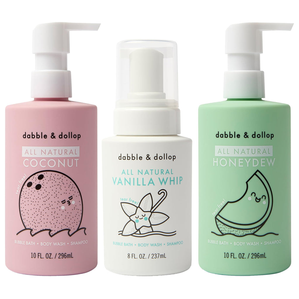 Beachy Bundle by Dabble & Dollop – Natural 3-in-1 Kids Bath Set (Honeydew Melon, Vanilla & Coconut) | Tear-Free, Vegan & Paraben Free