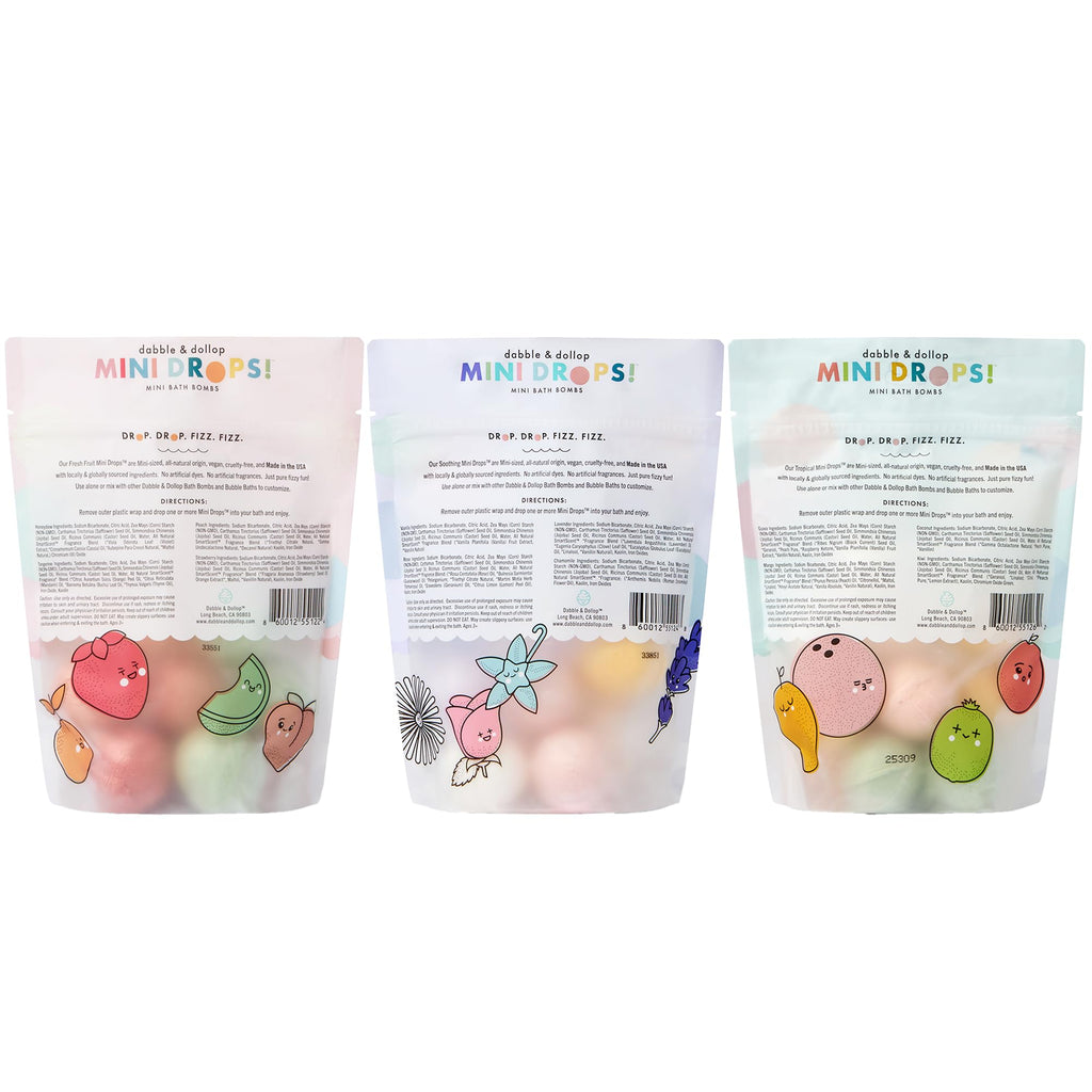 Dabble & Dollop Mini Bath Bombs Variety Pack – 36 Natural Kid’s Droplets, Resealable Pouches, Vegan & Cruelty-Free