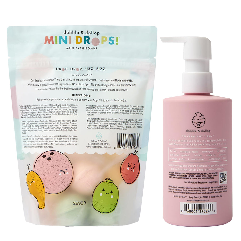 Dabble & Dollop Tropical Mini Bath Bombs & Coconut 3-in-1 Cleanser (Pack of 2) – All-Natural, Vegan & Cruelty-Free