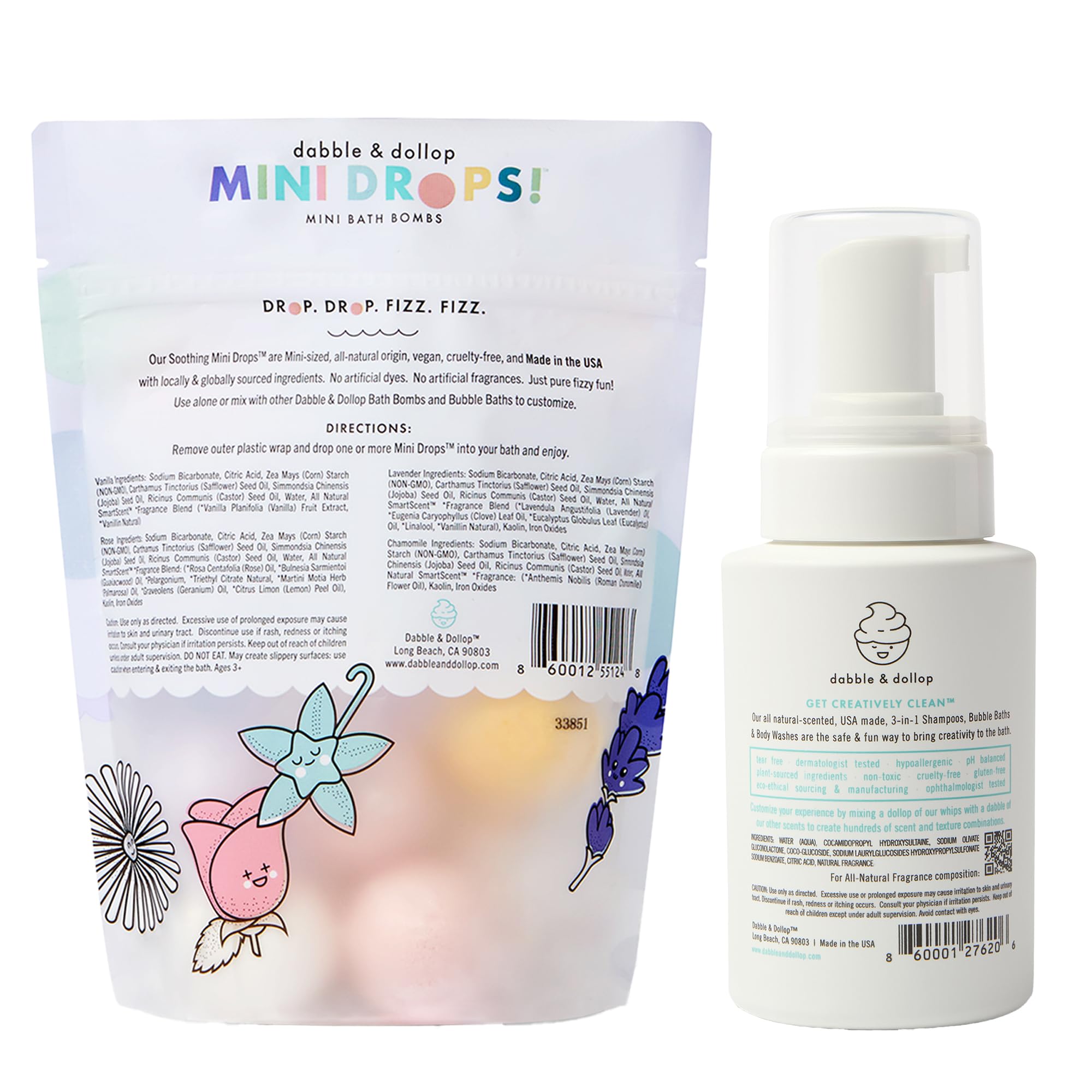 Dabble & Dollop Soothing Mini Bath Bombs + Vanilla 3-in-1 Cleanser for Kids | All-Natural, Vegan, Cruelty-Free (Pack of 2)