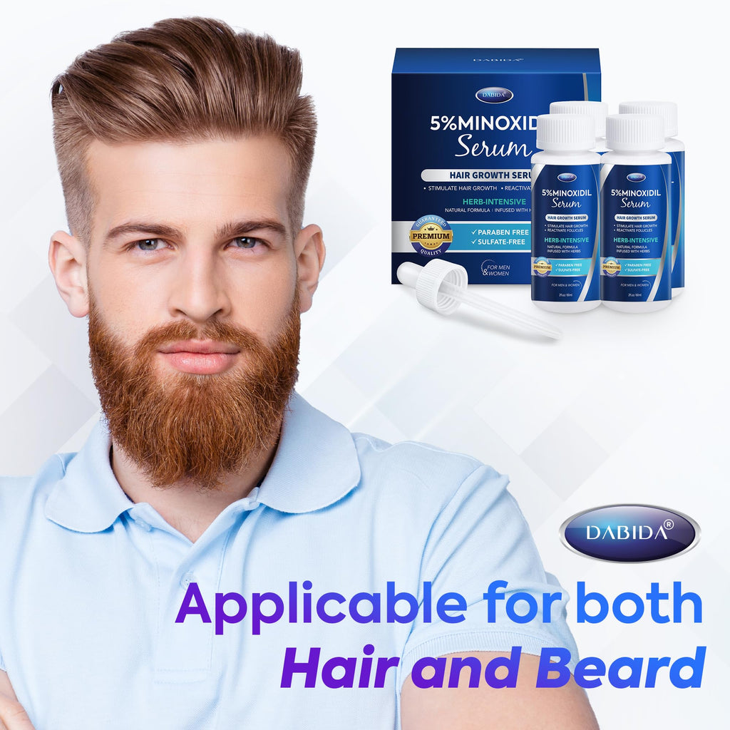 DABIDA 5% Minoxidil Hair Growth Serum for Men & Women – Extra Strength Beard & Scalp Regrowth, 60ml (4 Bottles)