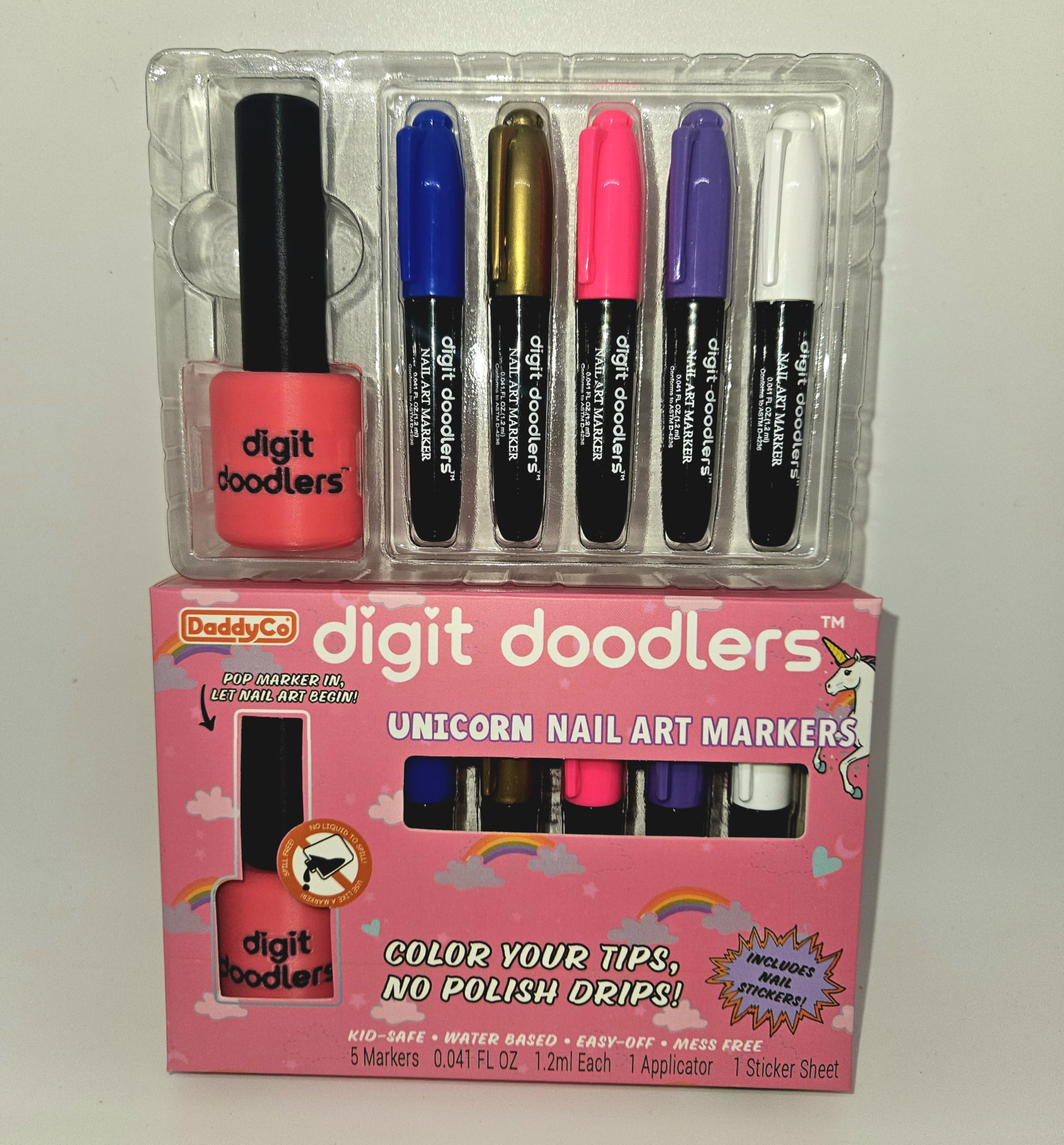 DaddyCo Unicorn Kids Non-Toxic Nail Art Markers — Safe, Washable with Bottle Applicator & Stickers