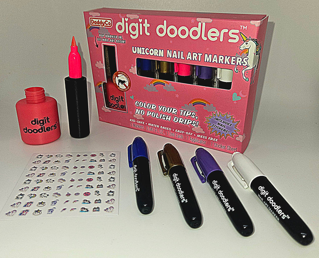 DaddyCo Unicorn Kids Non-Toxic Nail Art Markers — Safe, Washable with Bottle Applicator & Stickers