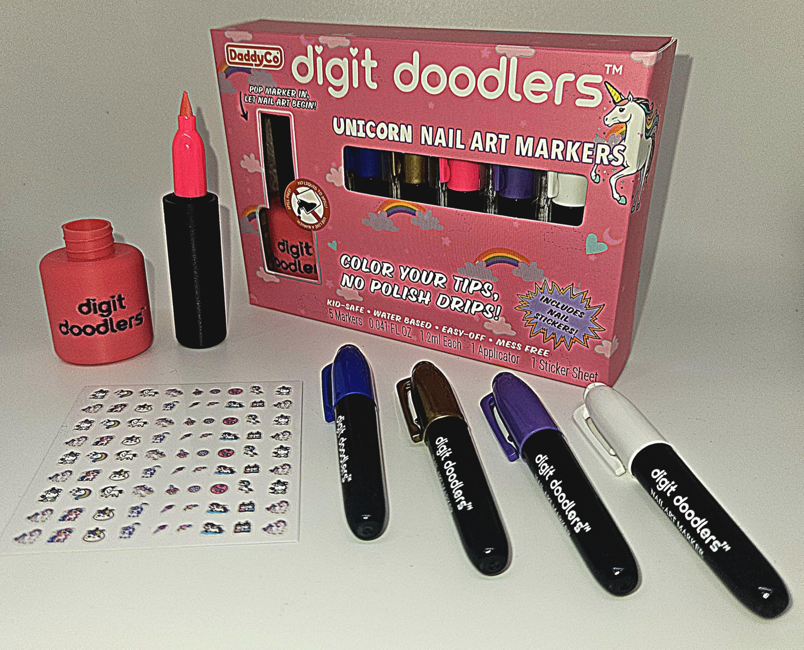 DaddyCo Unicorn Kids Non-Toxic Nail Art Markers — Safe, Washable with Bottle Applicator & Stickers