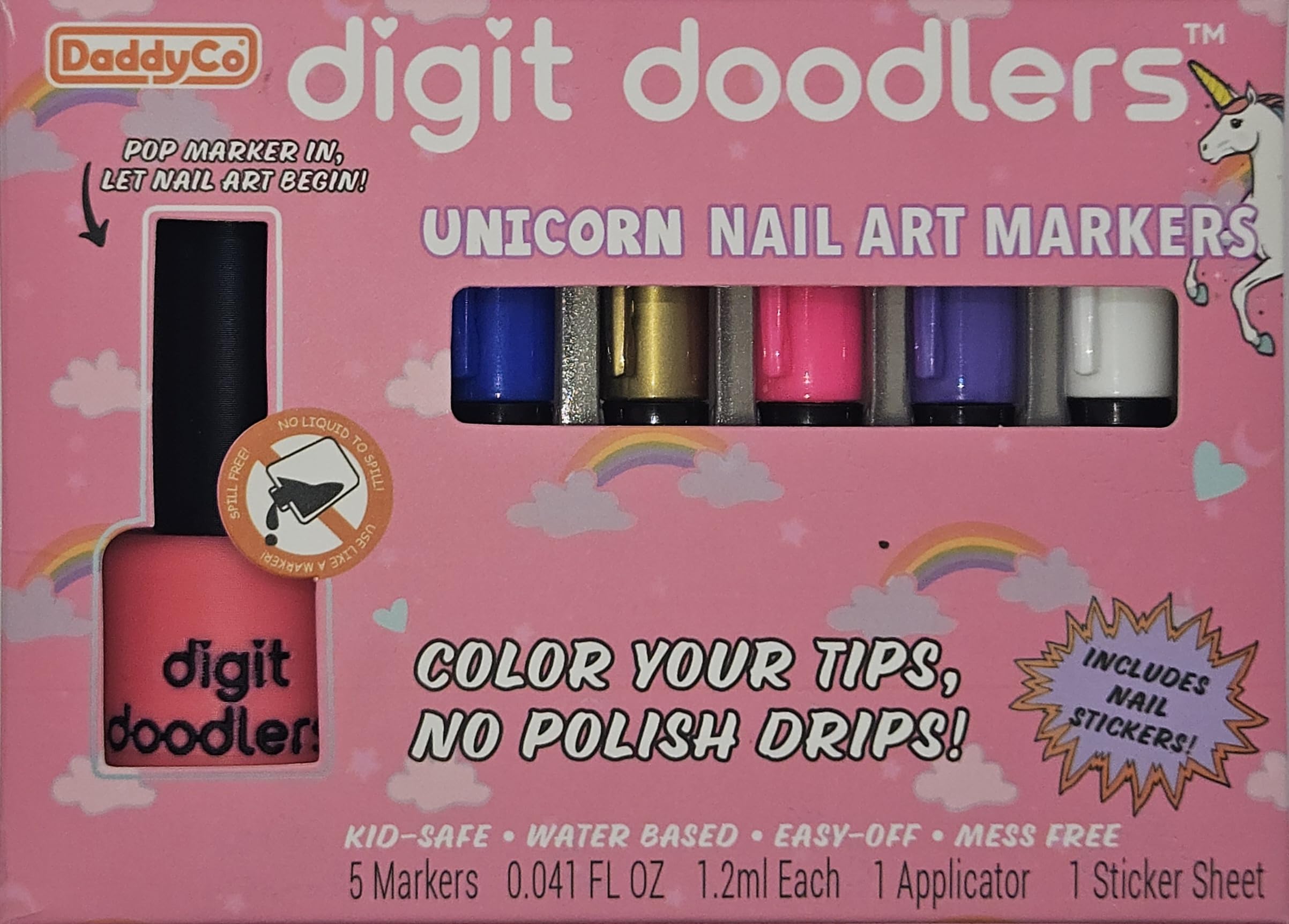DaddyCo Unicorn Kids Non-Toxic Nail Art Markers — Safe, Washable with Bottle Applicator & Stickers