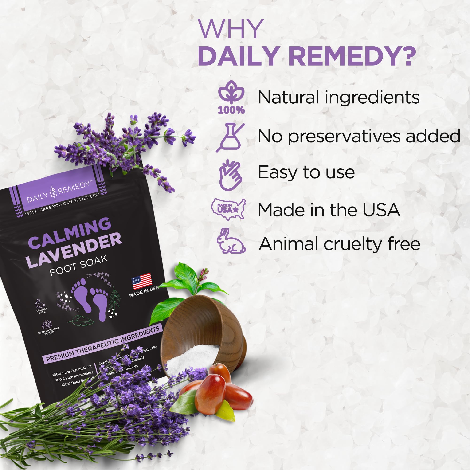 Daily Remedy Calming Lavender Foot Soak – Epsom Salt, Made in USA, Soothes Tired Feet, Softens Calluses, 16 oz