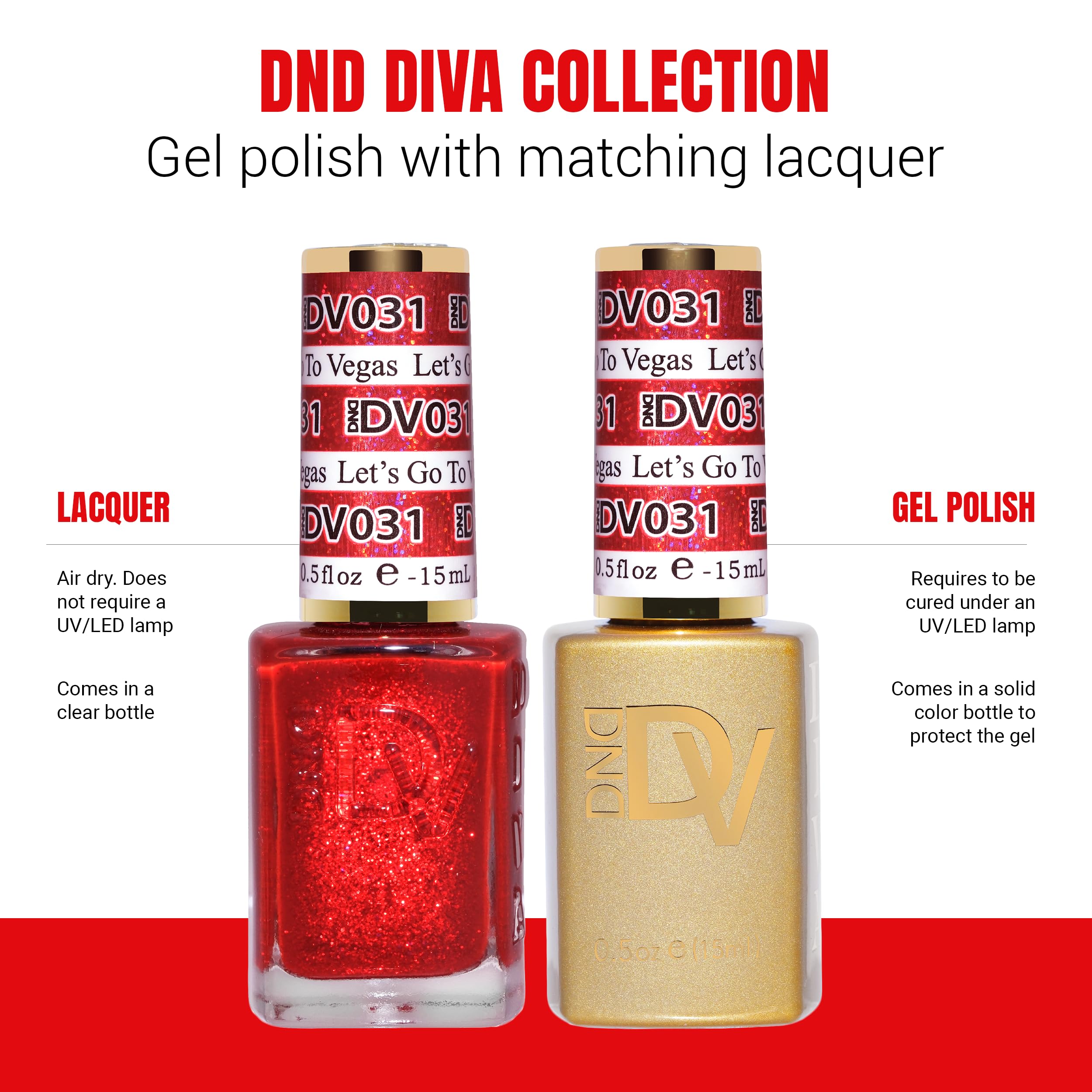 DAISY DND Gel Diva Polish Set – Mirrorball Collection | Red 031 Let’s Go To Vegas | Gel + Air Dry Duo, 0.5 Fl Oz Each