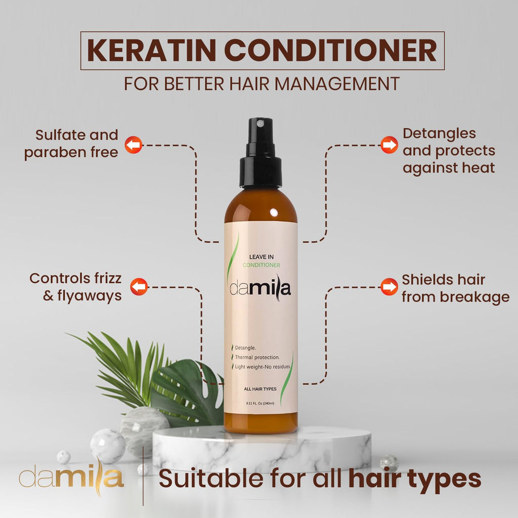 damila Keratin Leave-In Conditioner Spray for Fine, Dry, Damaged & Curly Hair | Detangles & Heat Protection