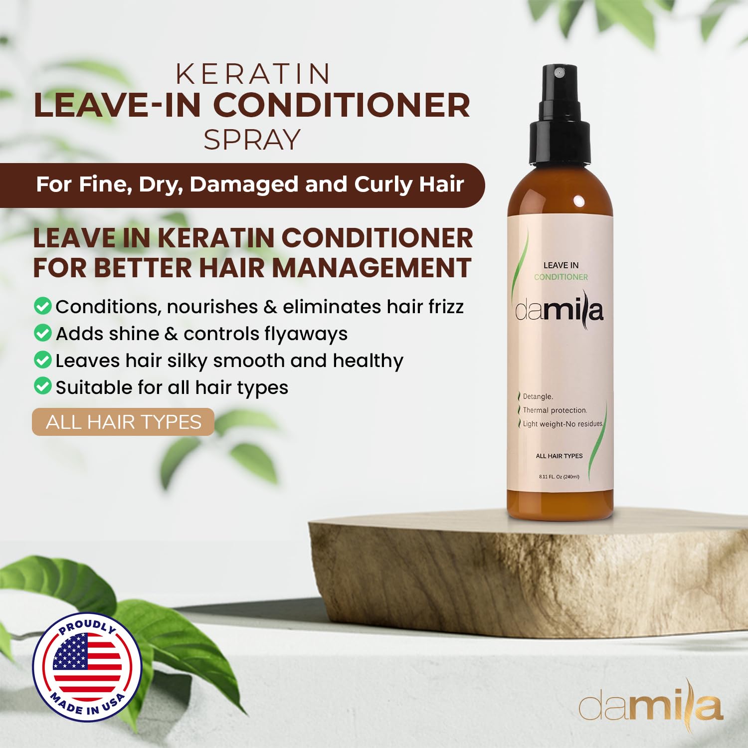 damila Keratin Leave-In Conditioner Spray for Fine, Dry, Damaged & Curly Hair | Detangles & Heat Protection