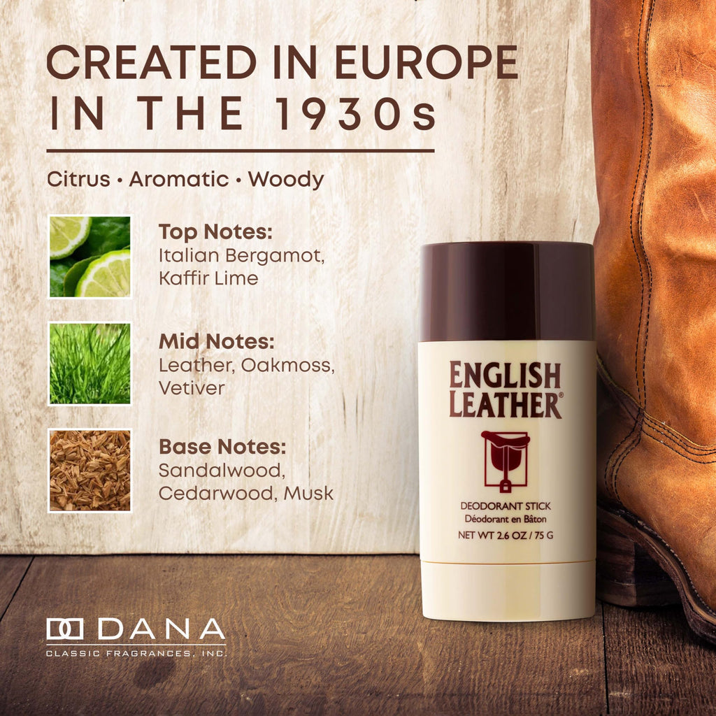 Dana English Leather Deodorant for Men — Classic Citrus, Aromatic & Woody Scent (2.6 oz)