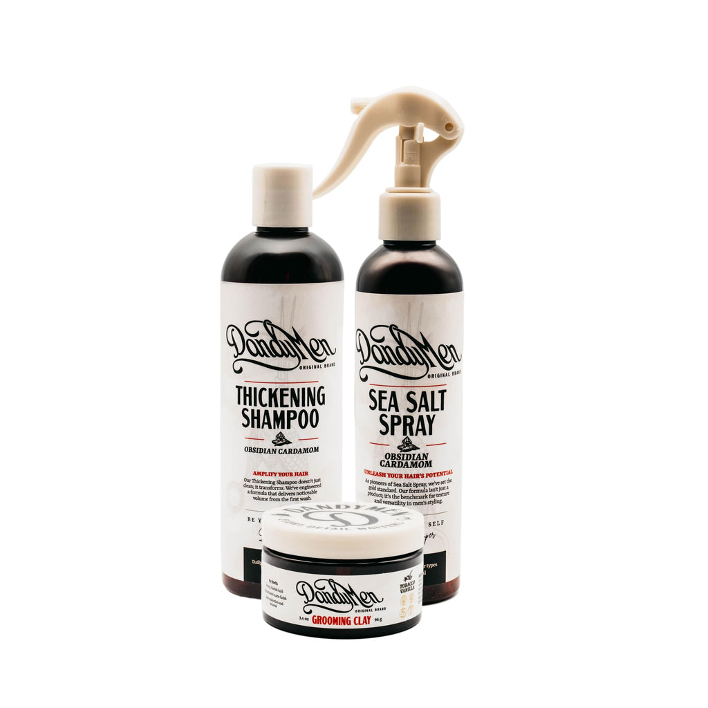 DandyMen Full Volume Hair Set for Men – Thickening Shampoo, Sea Salt Spray & Matte Clay (Obsidian Cardamom)