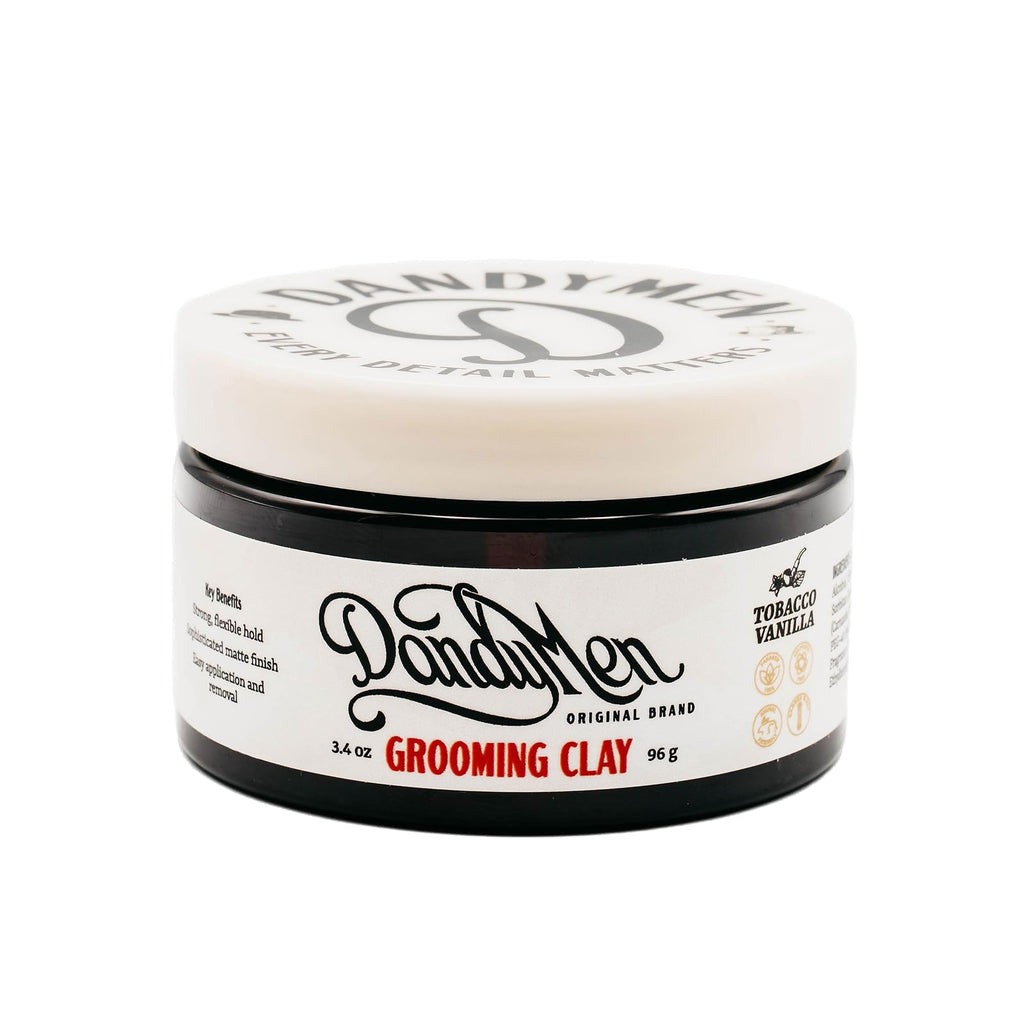 DandyMen Grooming Clay – Strong Hold, Natural Matte Finish, Kaolin Clay & Beeswax, Tobacco Vanilla Scent – 3.4 oz
