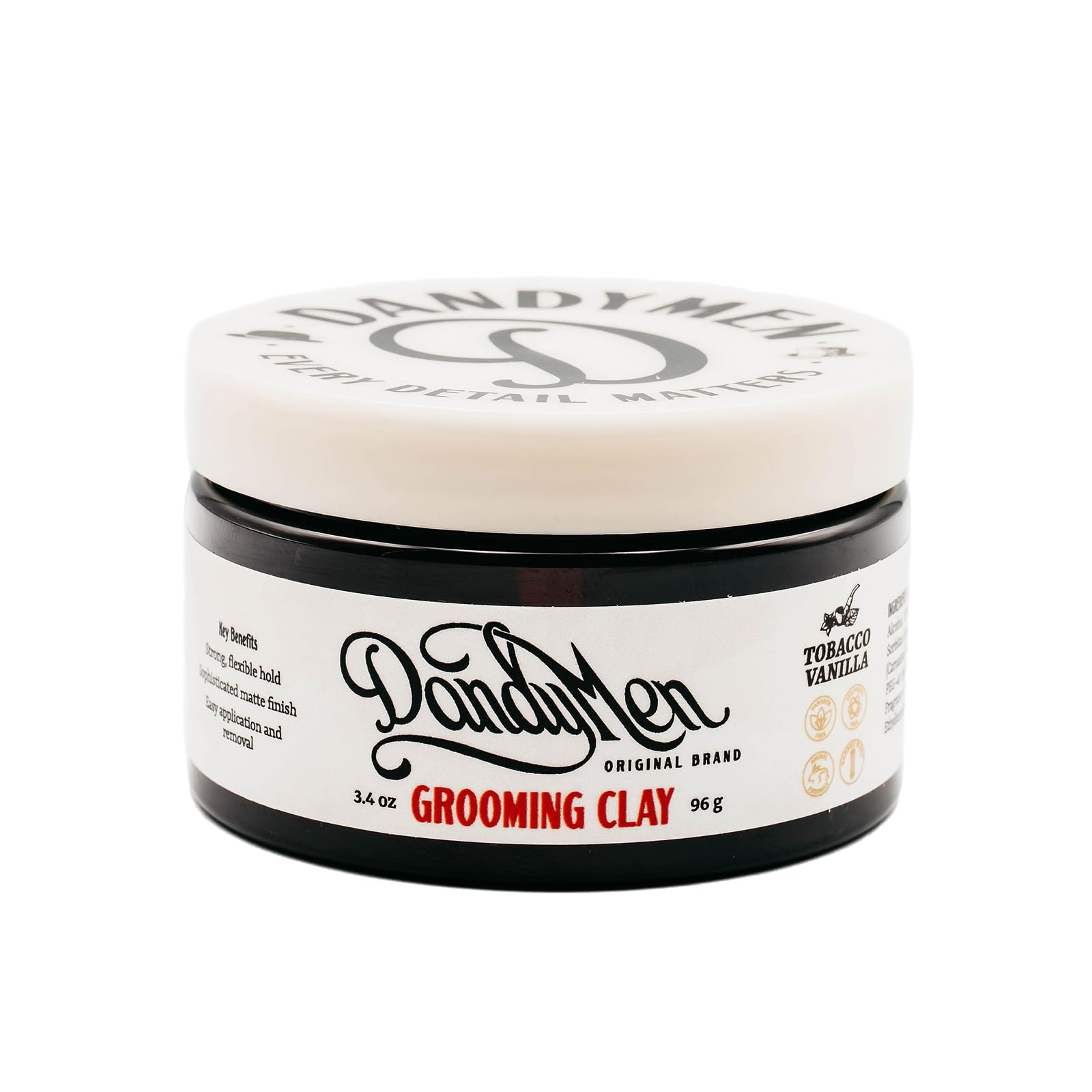 DandyMen Grooming Clay – Strong Hold, Natural Matte Finish, Kaolin Clay & Beeswax, Tobacco Vanilla Scent – 3.4 oz