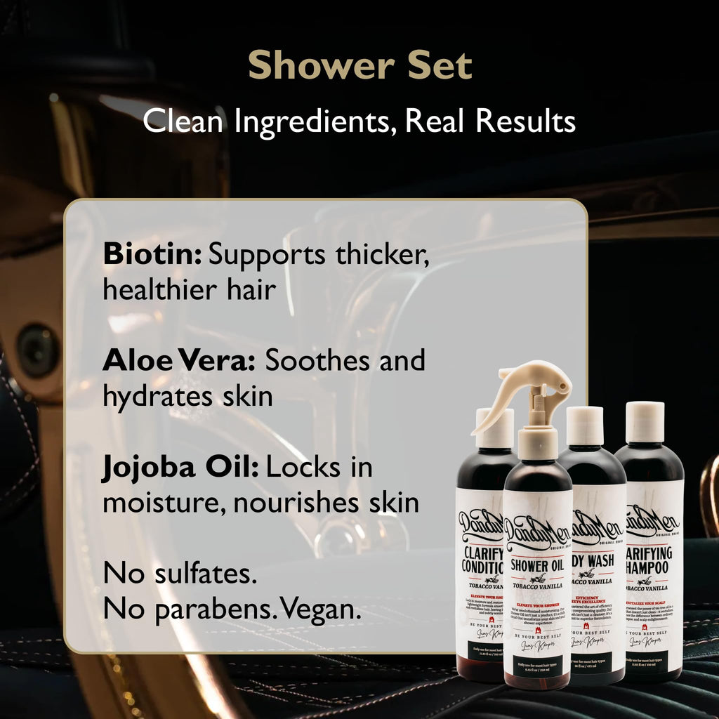 DandyMen Shower Set – Shampoo, Conditioner, Body Wash & Shower Oil | Tobacco Vanilla