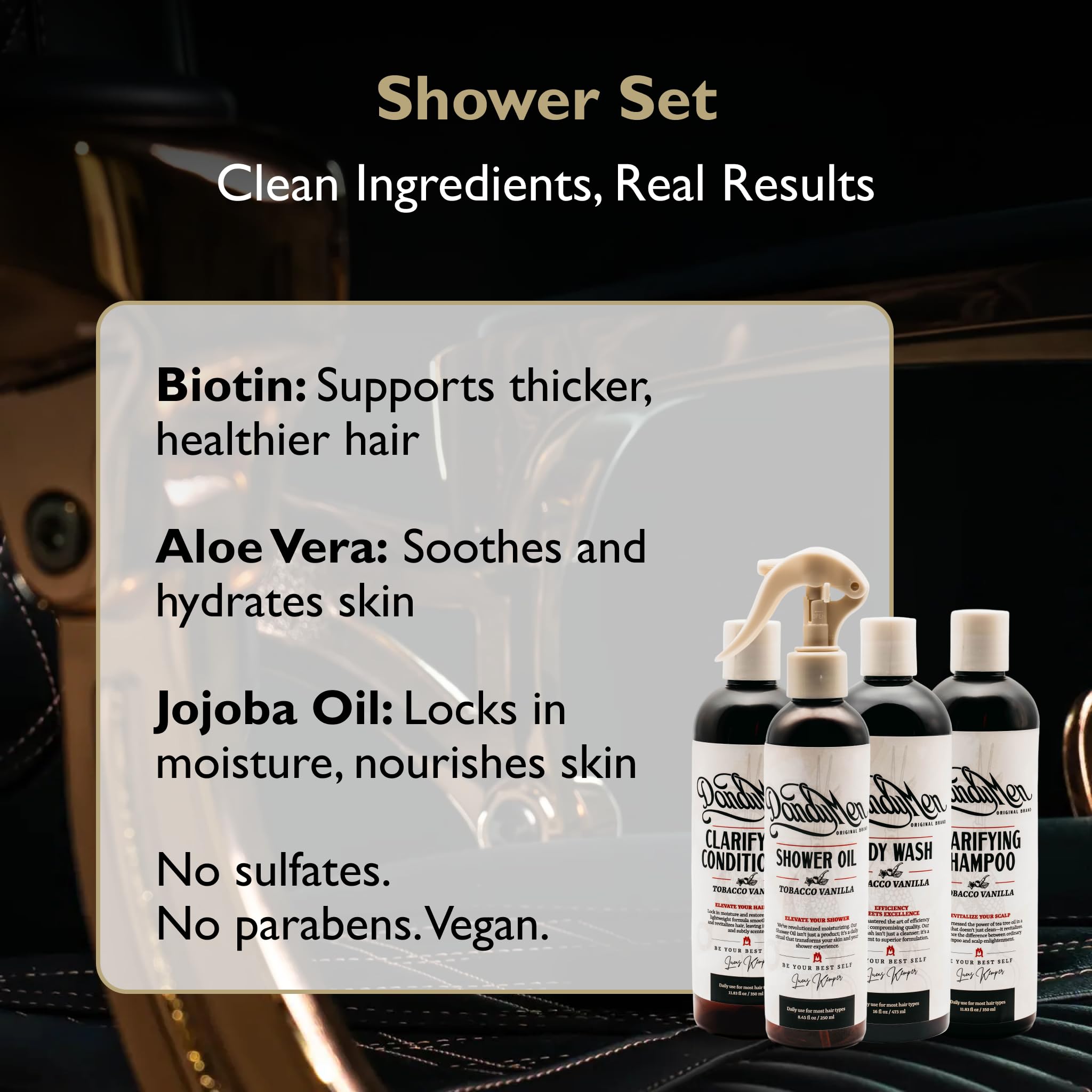 DandyMen Shower Set – Shampoo, Conditioner, Body Wash & Shower Oil | Tobacco Vanilla