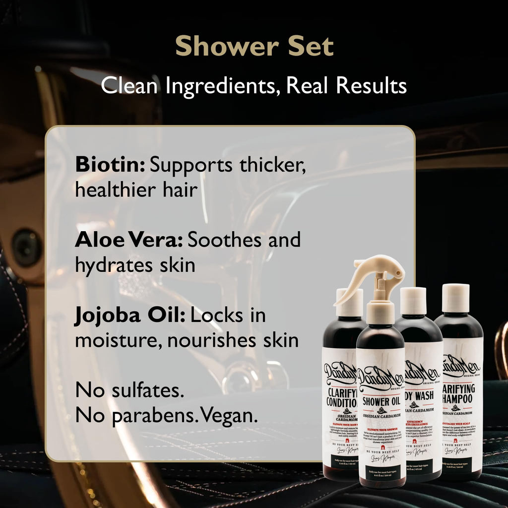 DandyMen Obsidian Cardamom Shower Set — Shampoo, Conditioner, Body Wash & Shower Oil