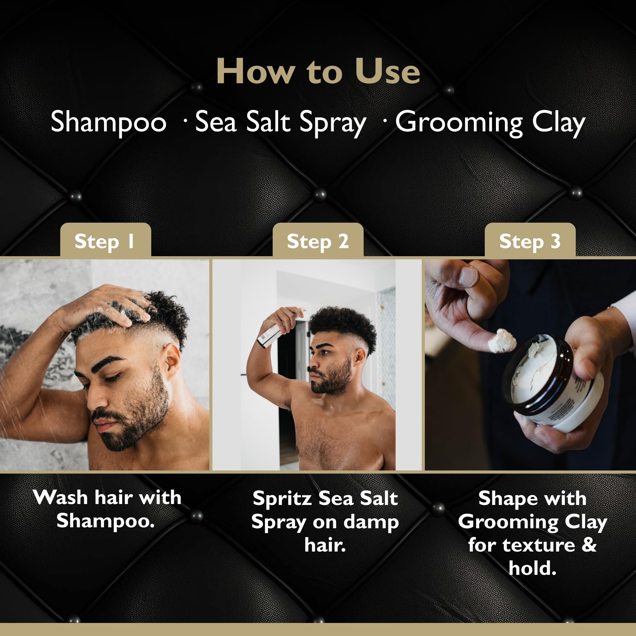DandyMen Full Volume Hair Set for Men – Thickening Shampoo, Sea Salt Spray & Matte Clay (Obsidian Cardamom)