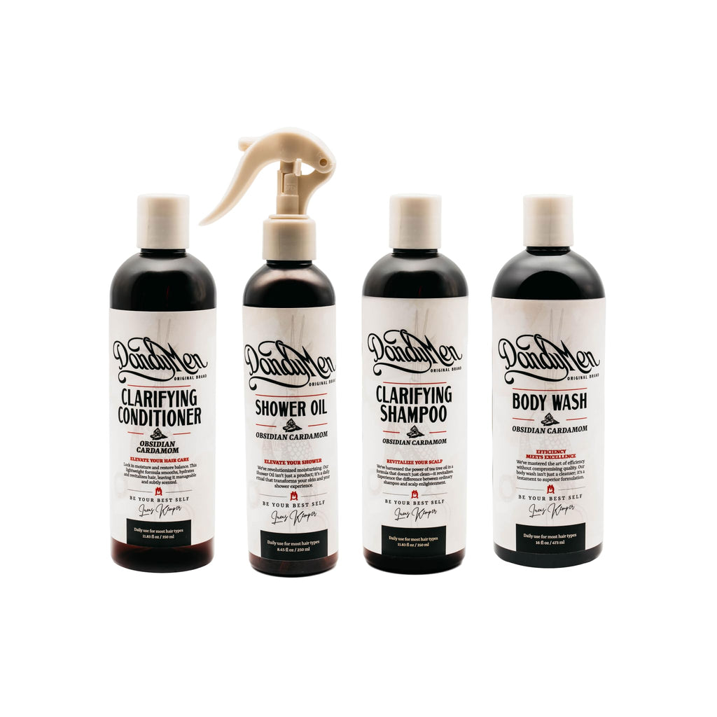 DandyMen Obsidian Cardamom Shower Set — Shampoo, Conditioner, Body Wash & Shower Oil