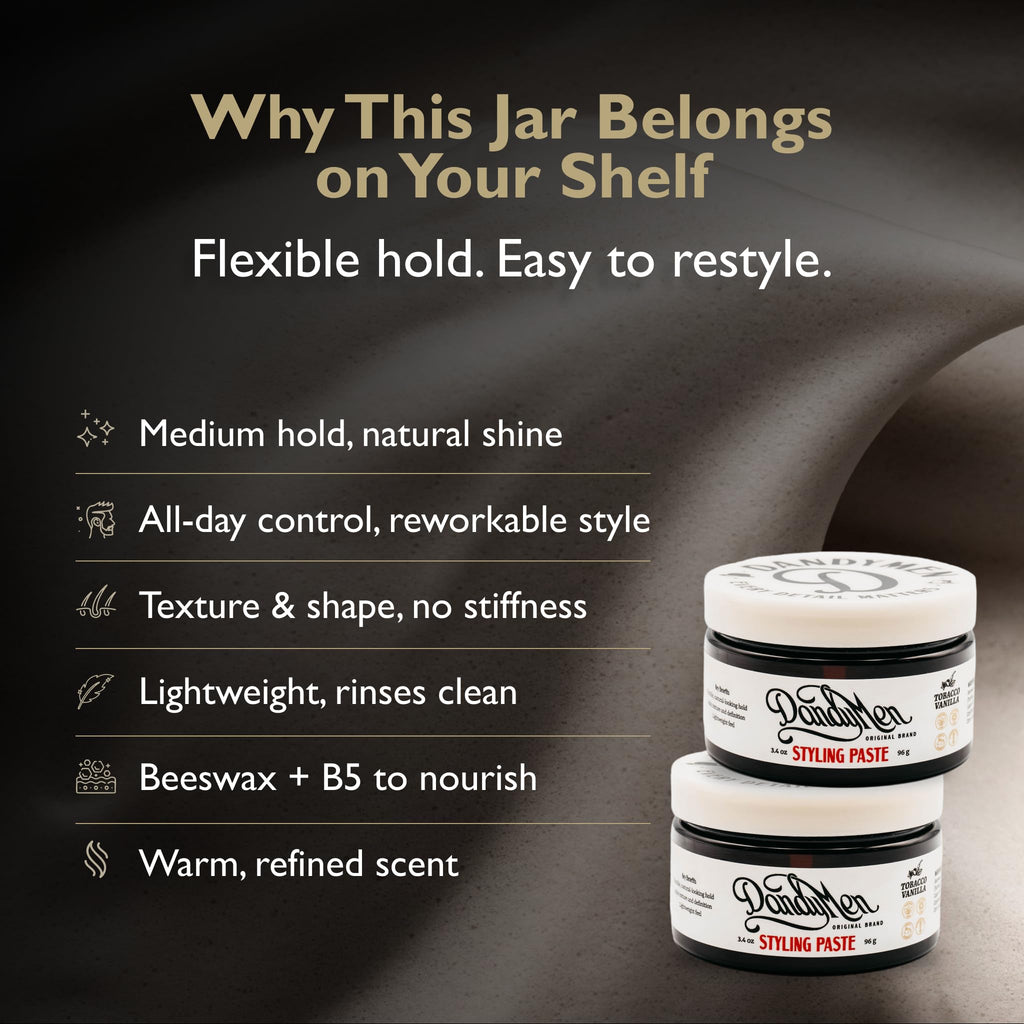DandyMen Styling Paste – Medium Hold, Natural Shine | 3.4 oz (2-pack, Tobacco Vanilla)