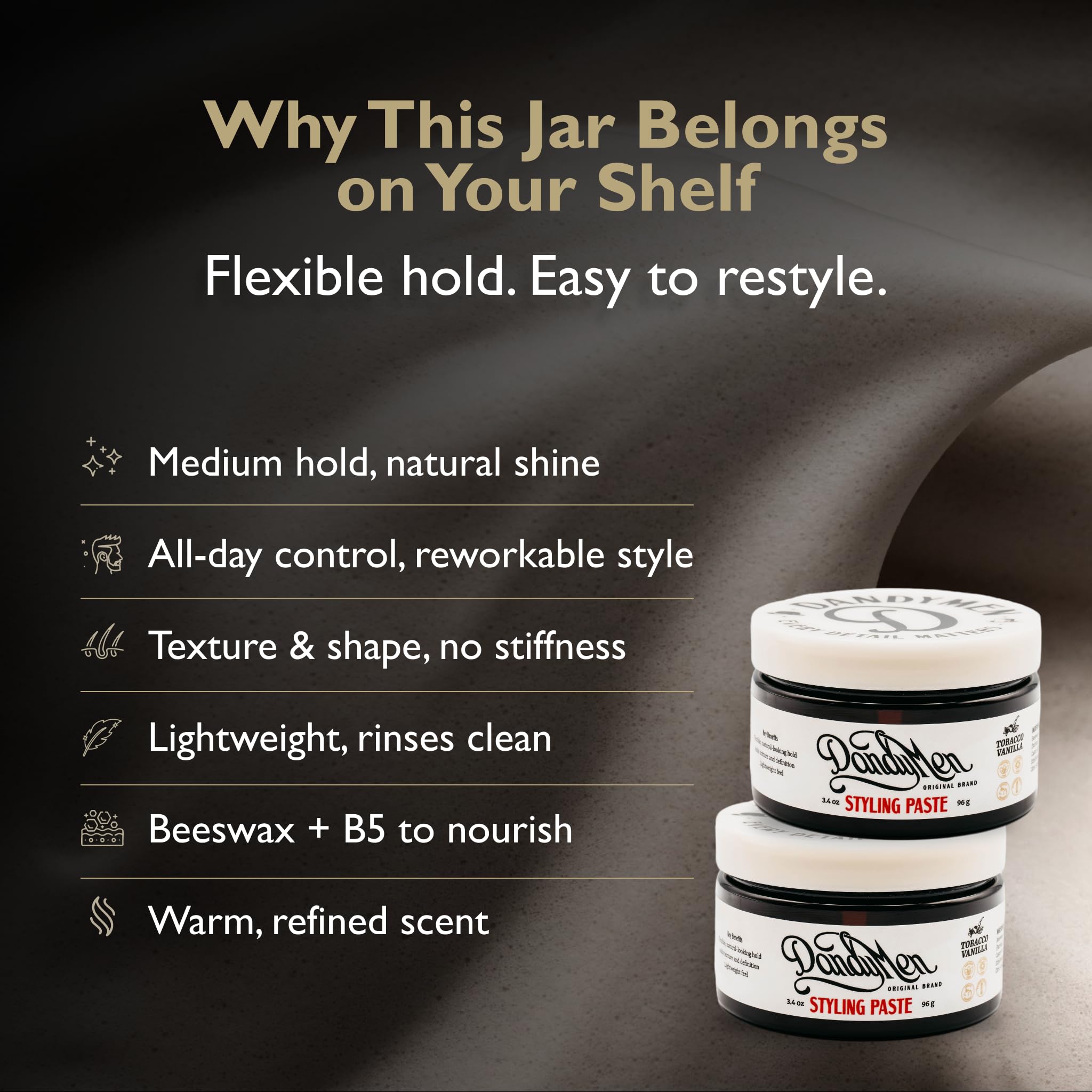 DandyMen Styling Paste – Medium Hold, Natural Shine | 3.4 oz (2-pack, Tobacco Vanilla)