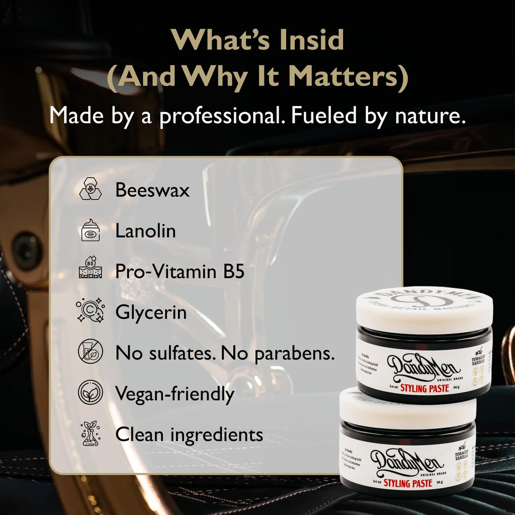 DandyMen Styling Paste – Medium Hold, Natural Shine | 3.4 oz (2-pack, Tobacco Vanilla)