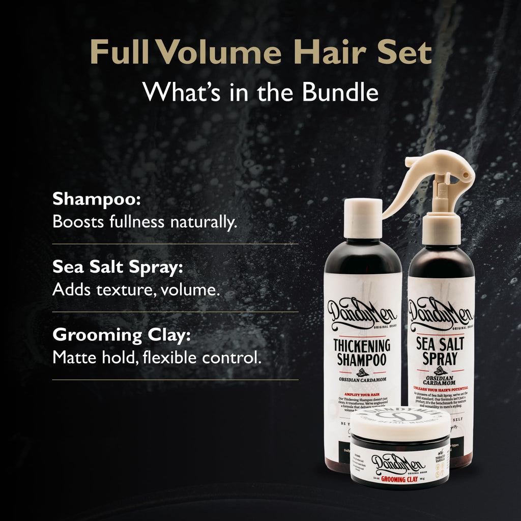 DandyMen Full Volume Hair Set for Men – Thickening Shampoo, Sea Salt Spray & Matte Clay (Obsidian Cardamom)