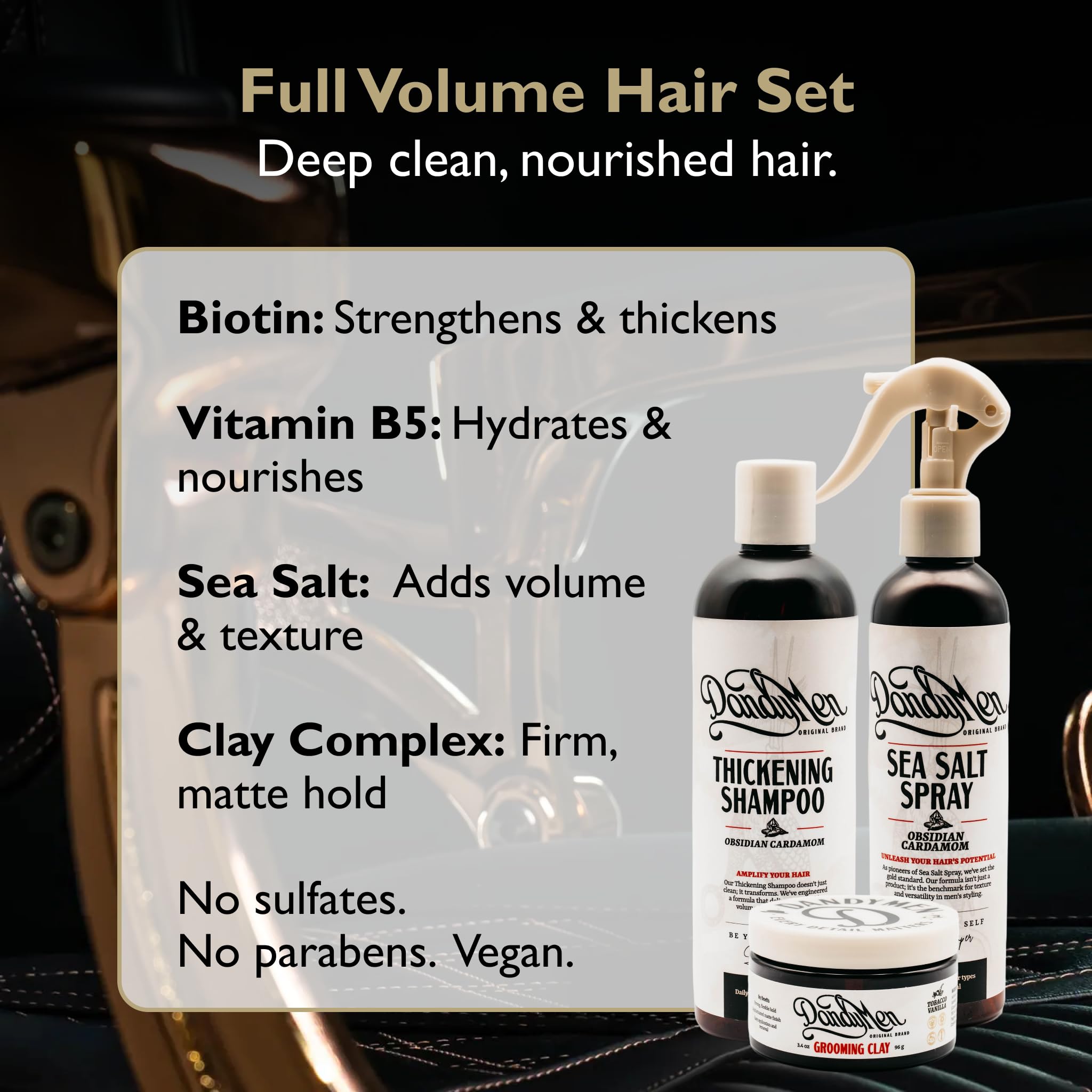 DandyMen Full Volume Hair Set for Men – Thickening Shampoo, Sea Salt Spray & Matte Clay (Obsidian Cardamom)