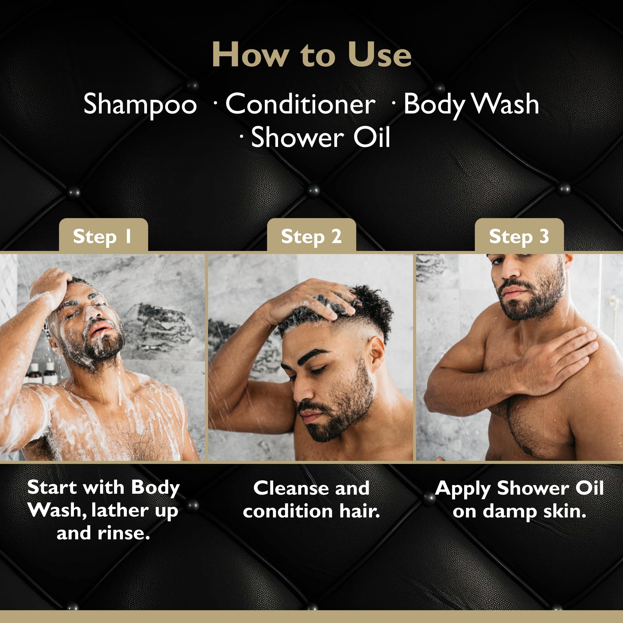 DandyMen Shower Set – Shampoo, Conditioner, Body Wash & Shower Oil | Tobacco Vanilla