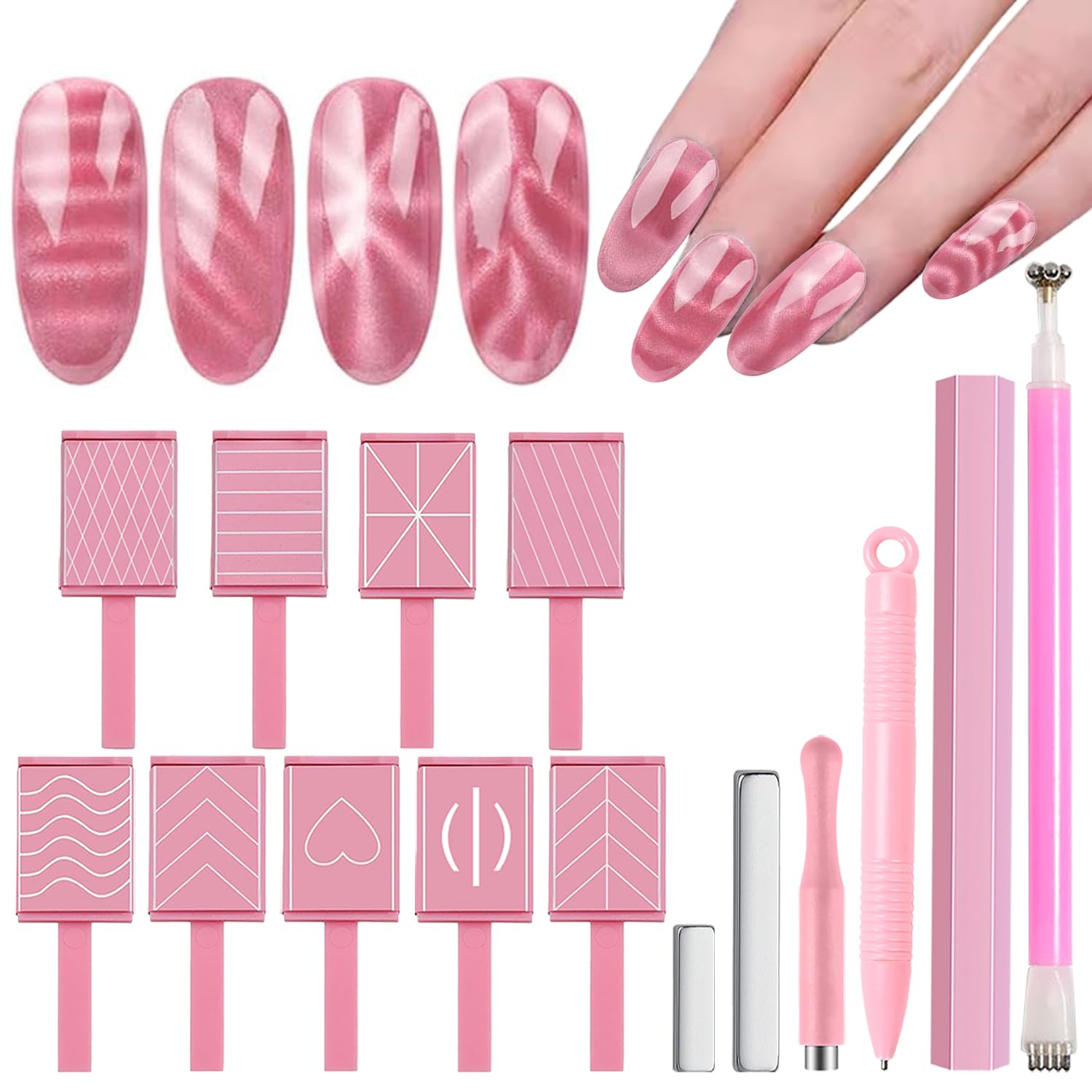 DANNEASY 15pcs Cat Eye Nail Magnet Set – Pink Wand for Gel Polish Nails