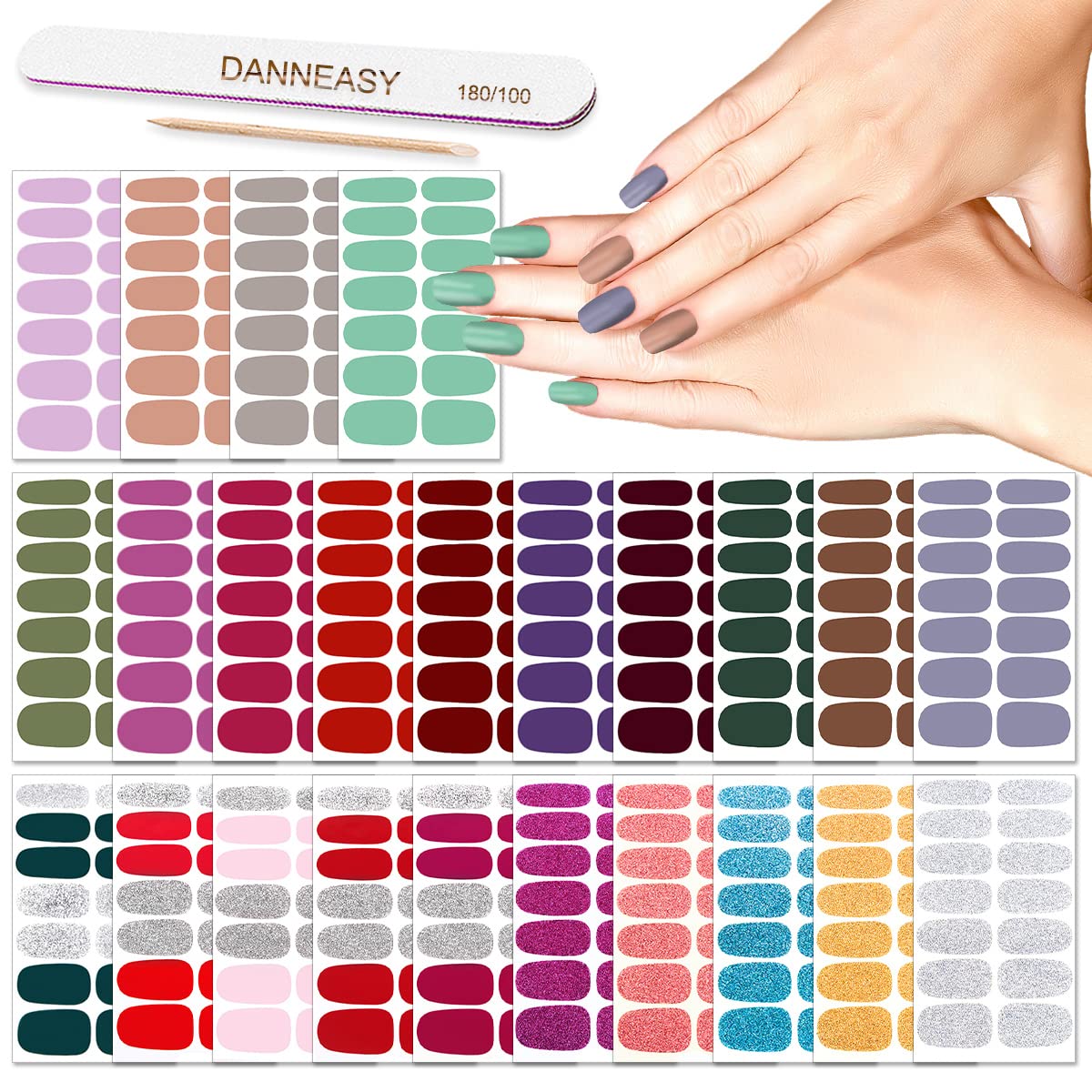 DANNEASY Nail Polish Strips Glitter - 24 Self-Adhesive Nail Wraps + Nail File & Cuticle Stick