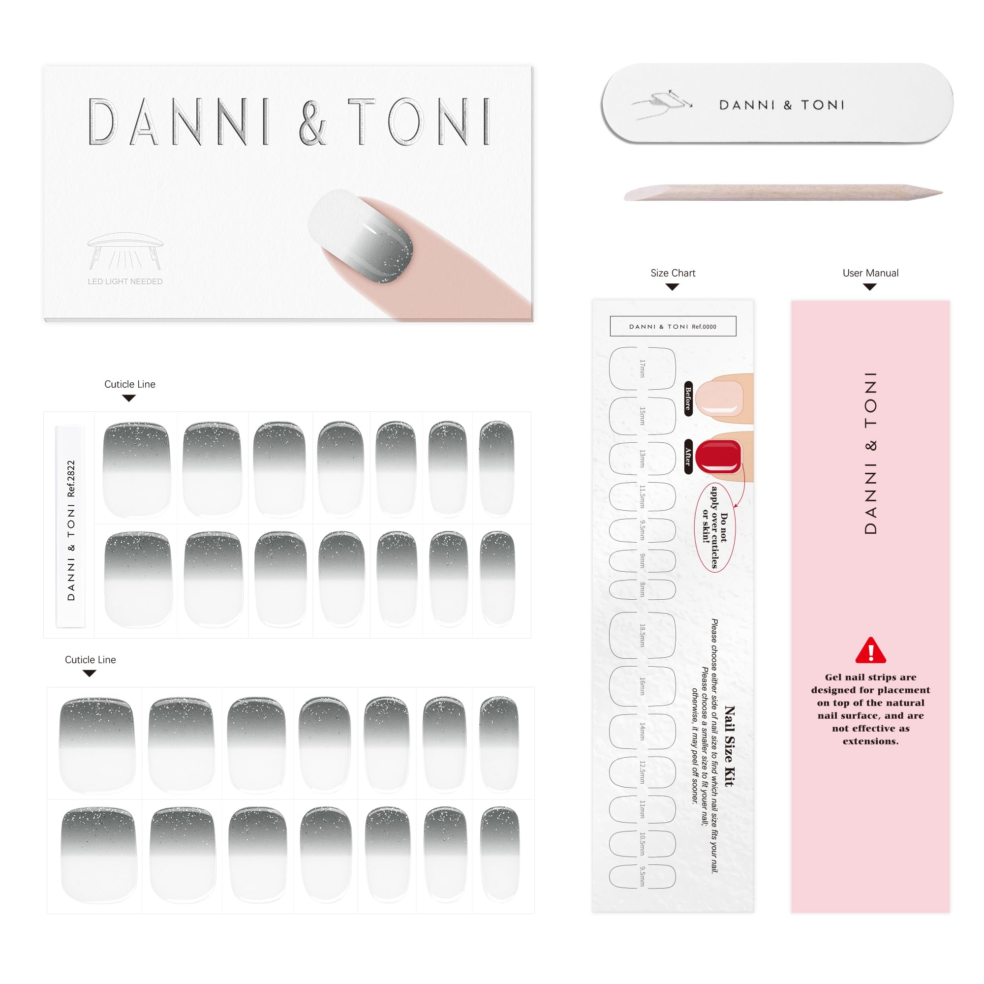 DANNI & TONI Semi-Cured Gel Nail Strips – Grey-White Ombre Glitter, 28 Nail Wraps | Ash Dream