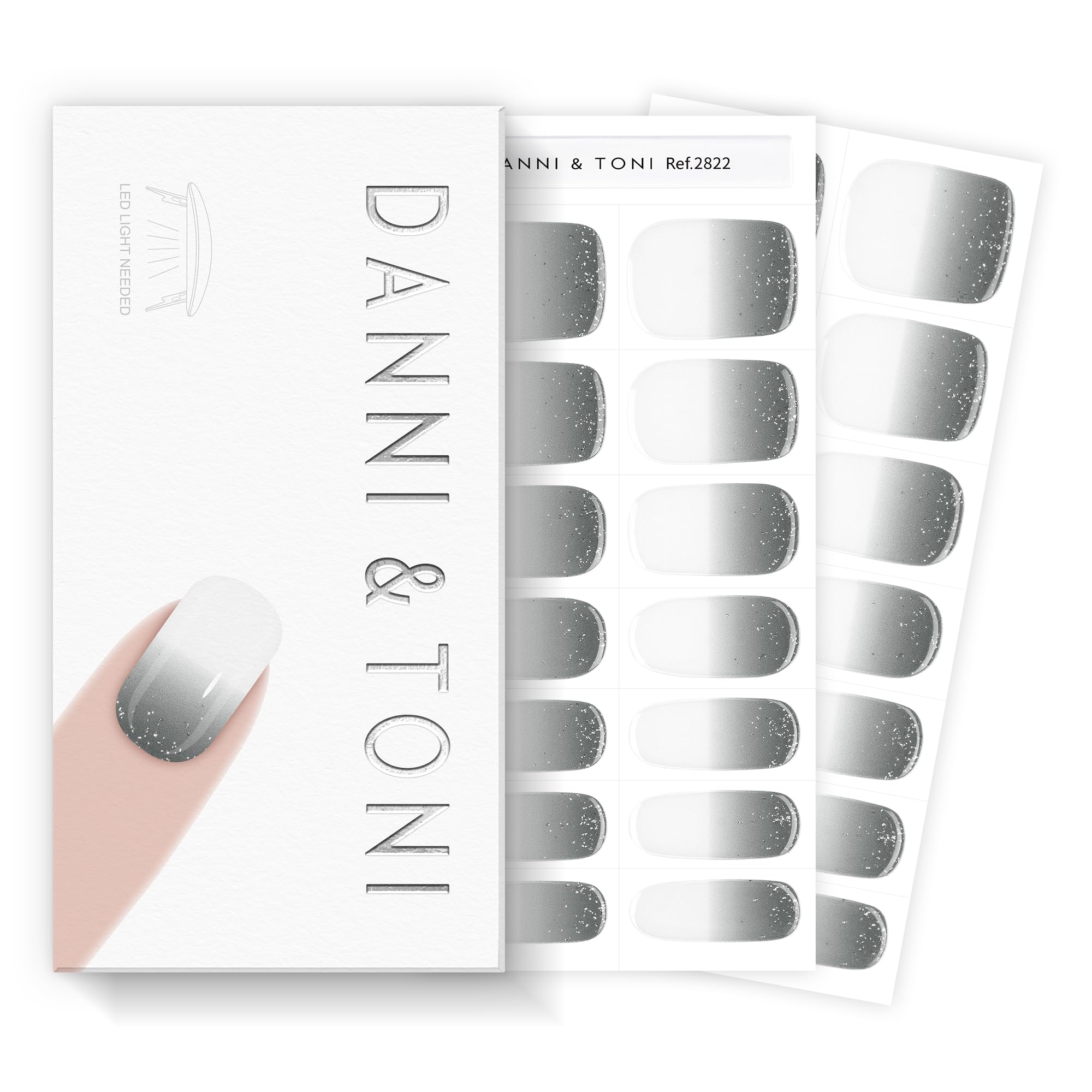 DANNI & TONI Semi-Cured Gel Nail Strips – Grey-White Ombre Glitter, 28 Nail Wraps | Ash Dream