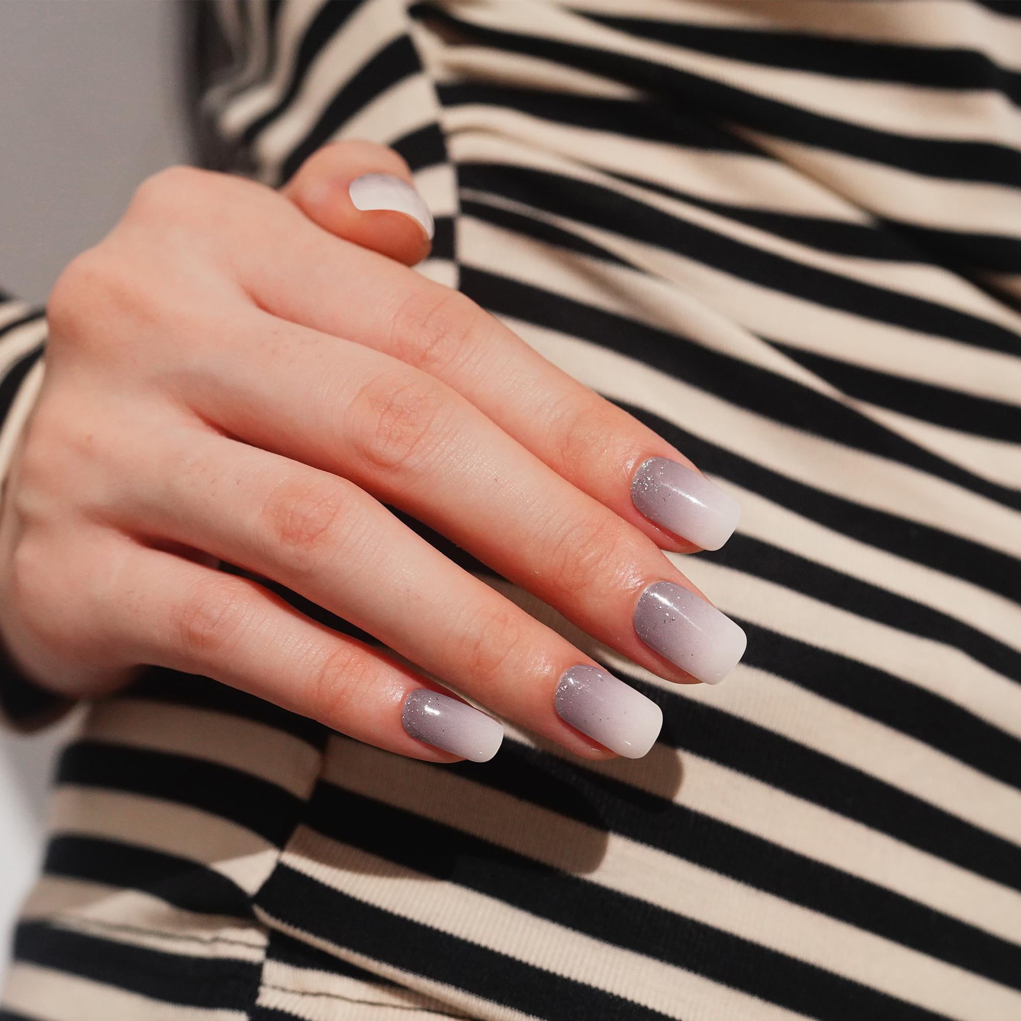 DANNI & TONI Semi-Cured Gel Nail Strips – Grey-White Ombre Glitter, 28 Nail Wraps | Ash Dream